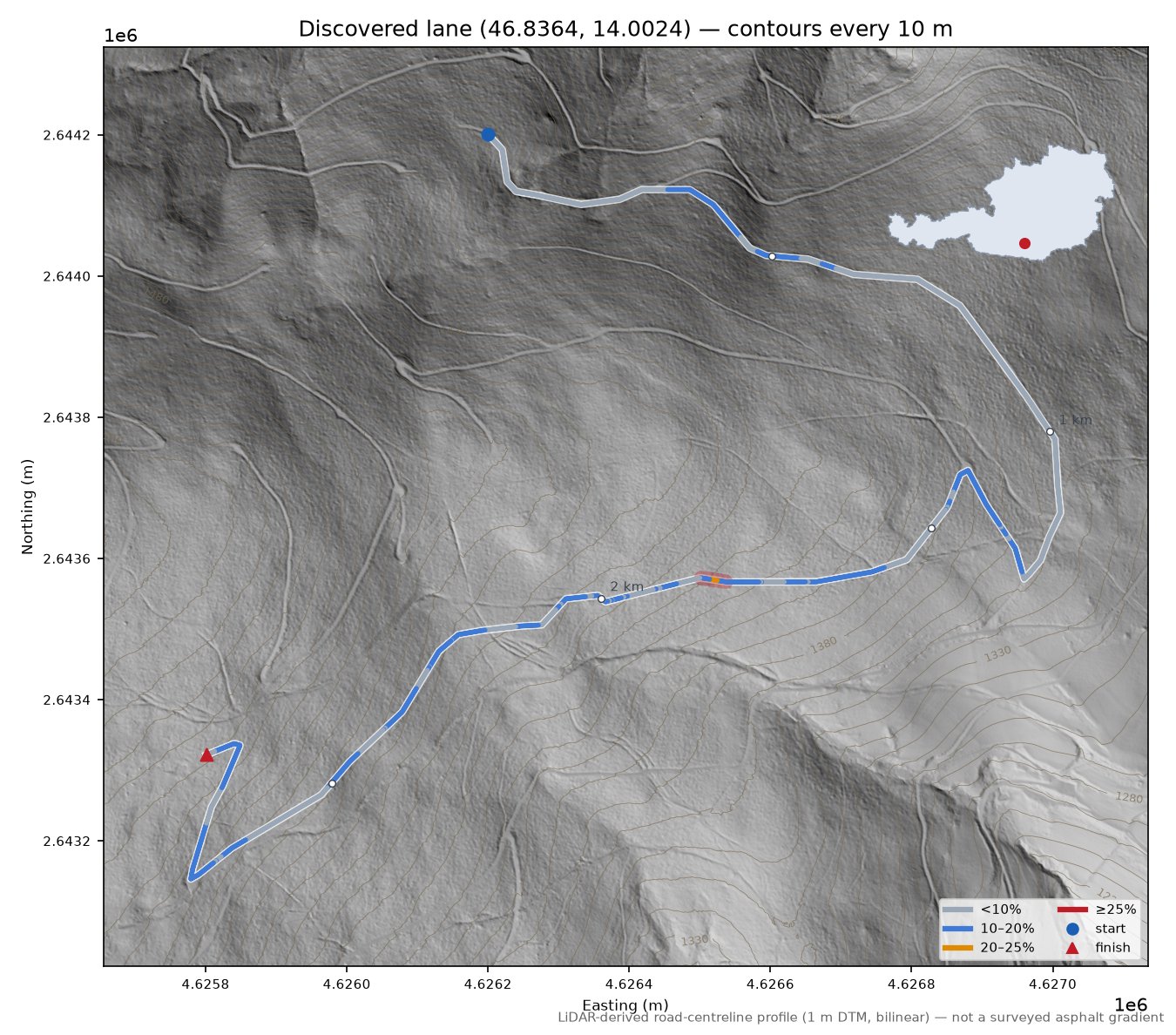Discovered lane (46.8364, 14.0024) LiDAR hillshade map with contours