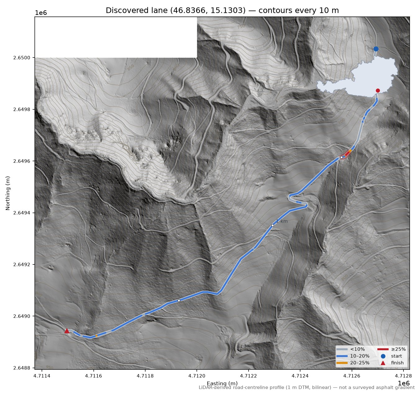 Discovered lane (46.8366, 15.1303) LiDAR hillshade map with contours