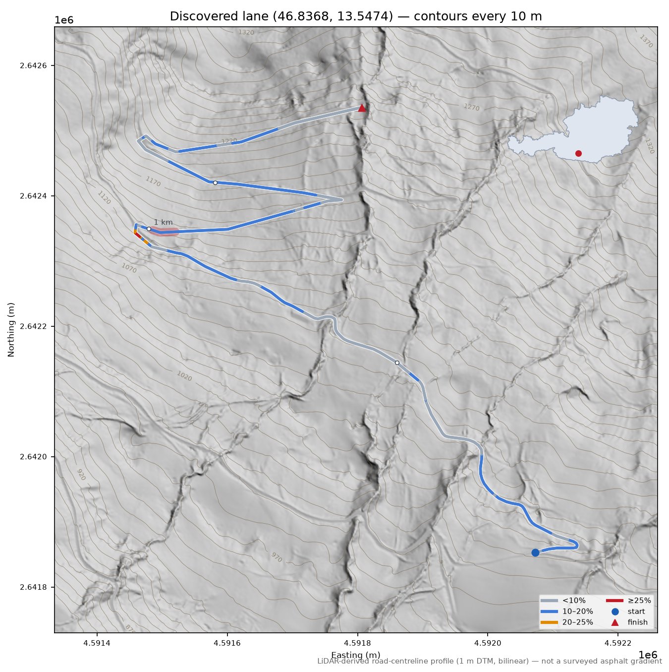 Discovered lane (46.8368, 13.5474) LiDAR hillshade map with contours