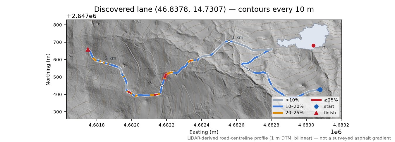 Discovered lane (46.8378, 14.7307) LiDAR hillshade map with contours