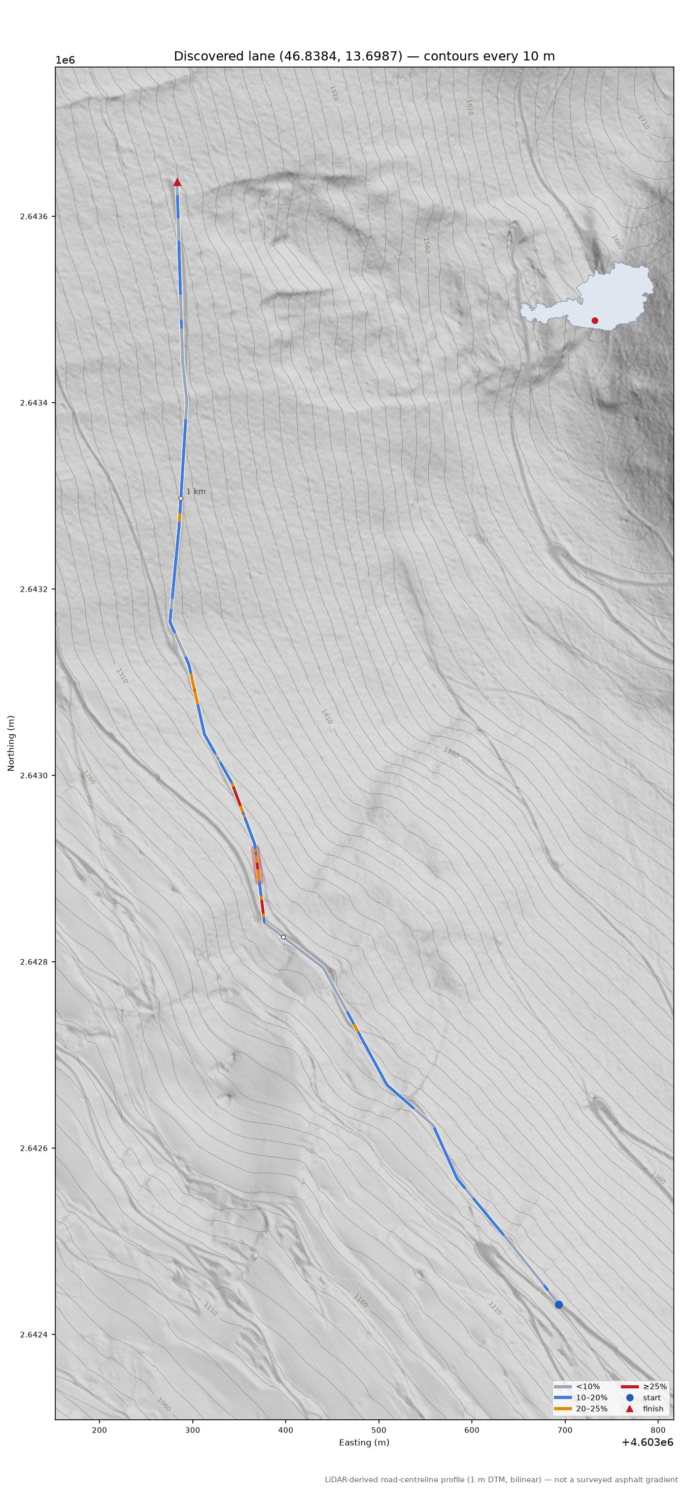 Discovered lane (46.8384, 13.6987) LiDAR hillshade map with contours
