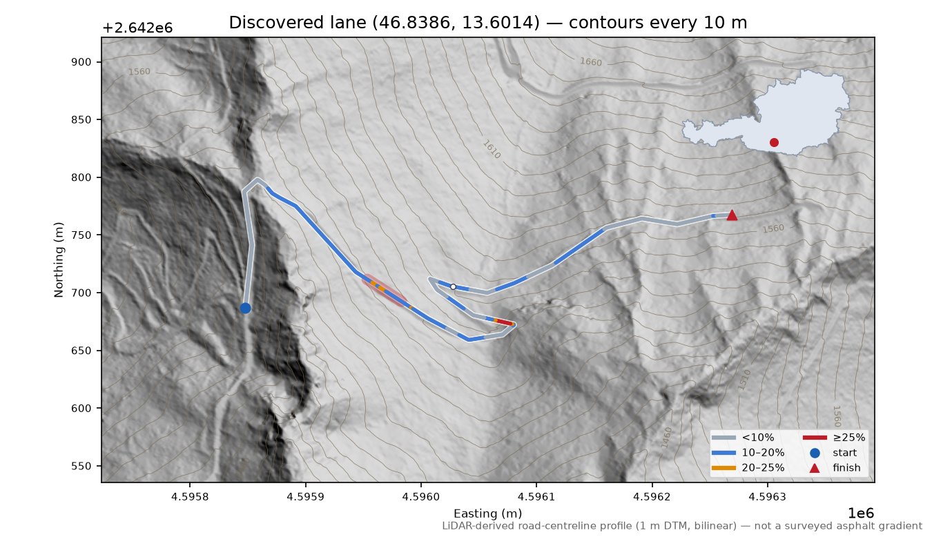 Discovered lane (46.8386, 13.6014) LiDAR hillshade map with contours