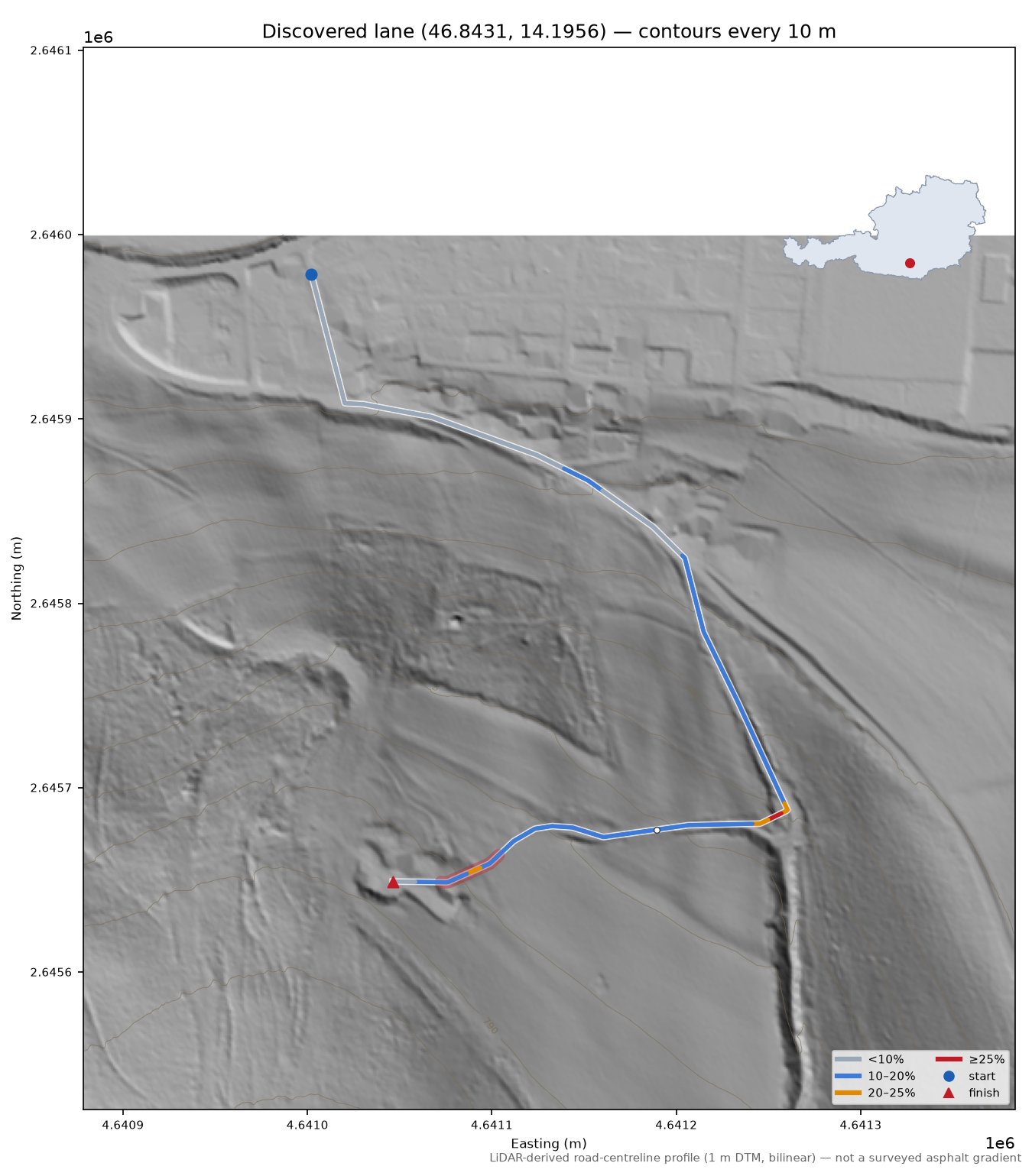 Discovered lane (46.8431, 14.1956) LiDAR hillshade map with contours