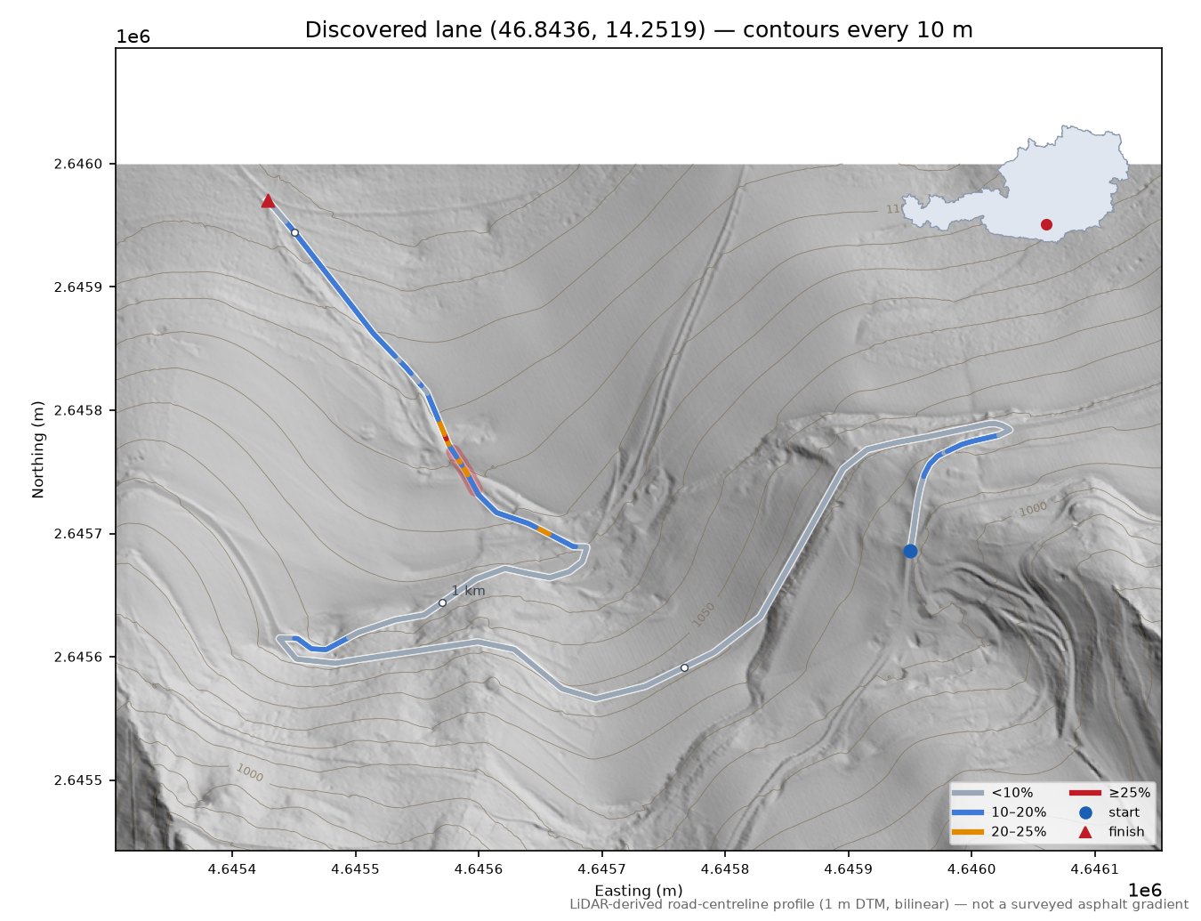Discovered lane (46.8436, 14.2519) LiDAR hillshade map with contours