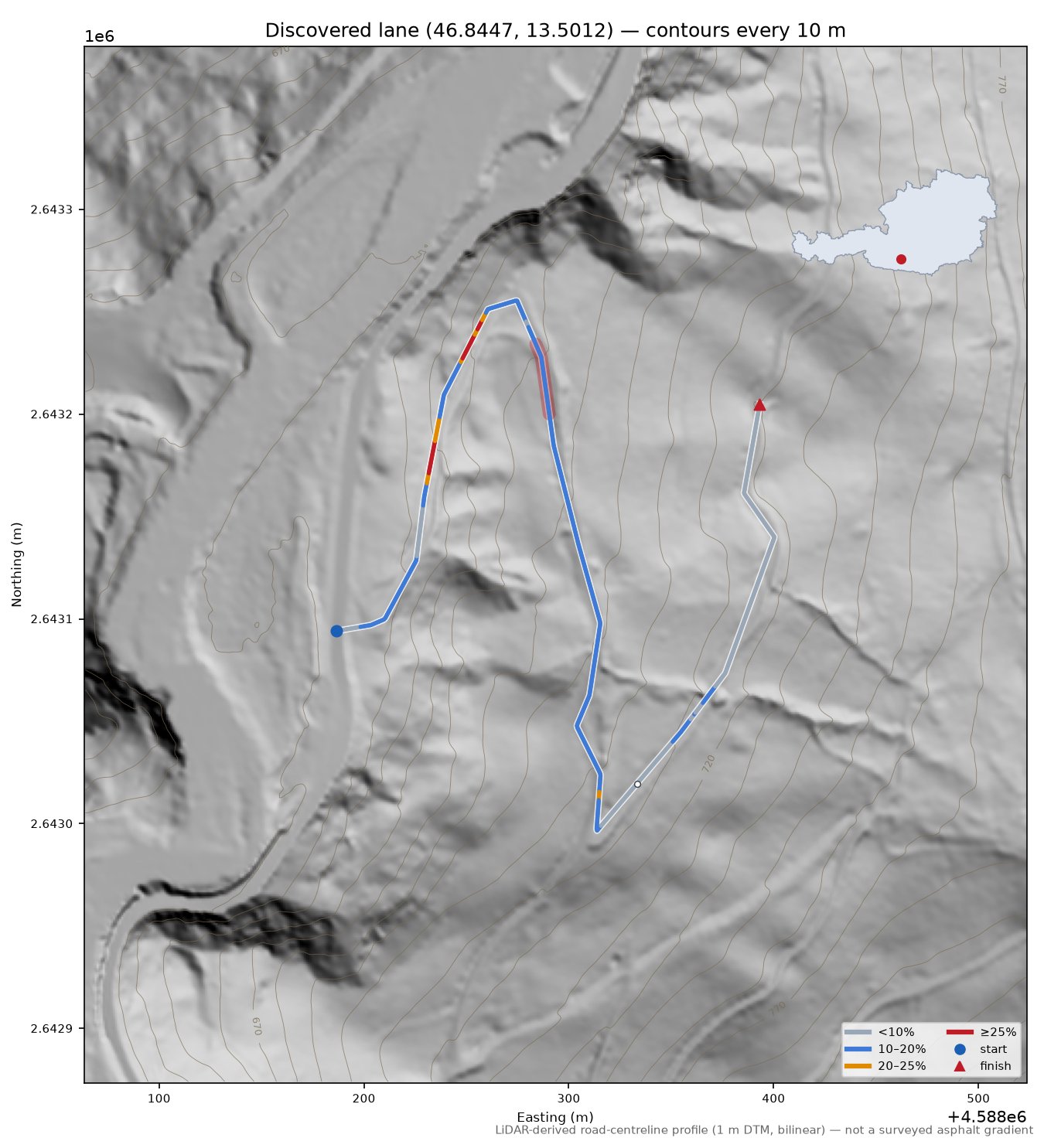Discovered lane (46.8447, 13.5012) LiDAR hillshade map with contours