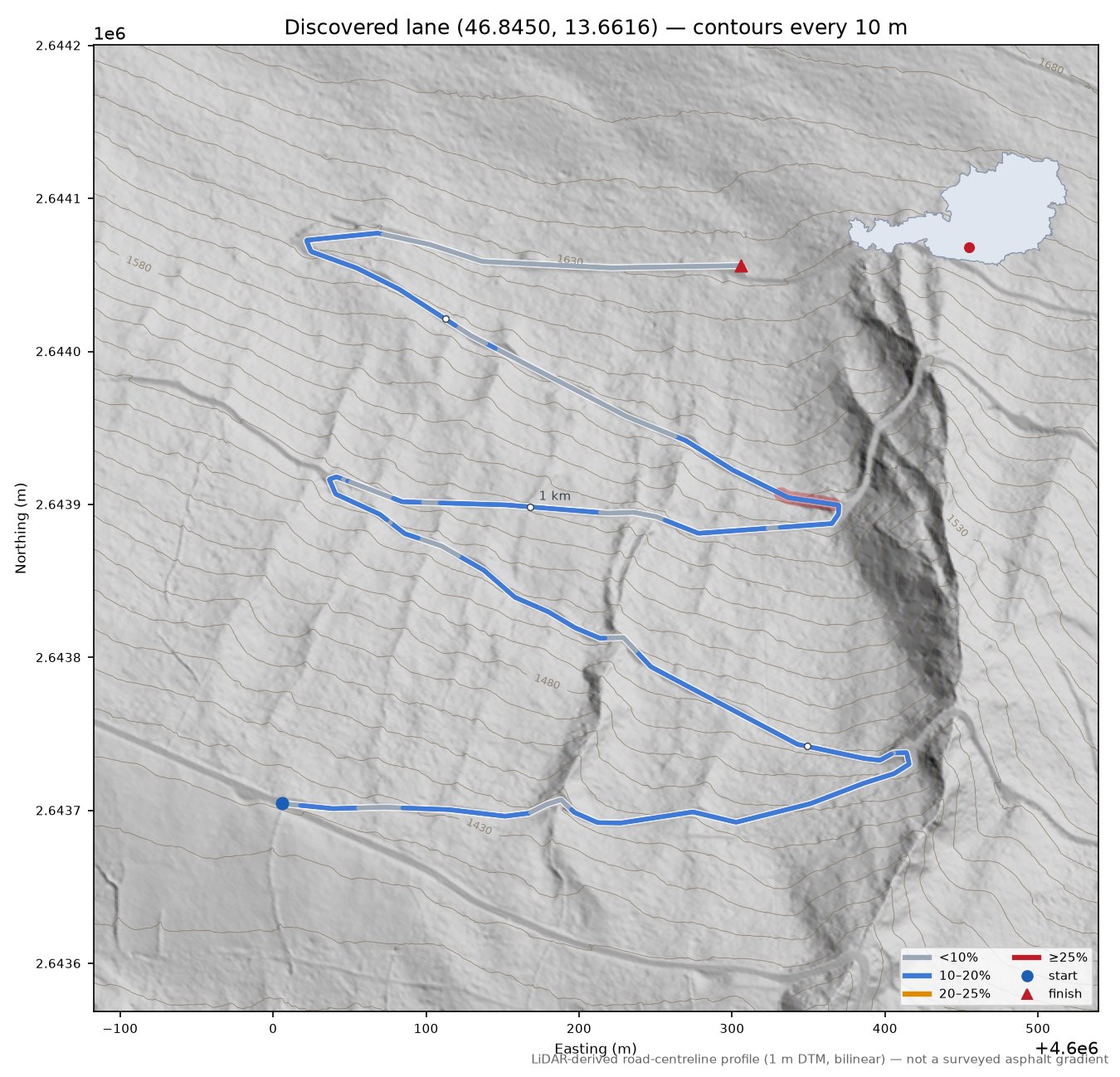 Discovered lane (46.8450, 13.6616) LiDAR hillshade map with contours