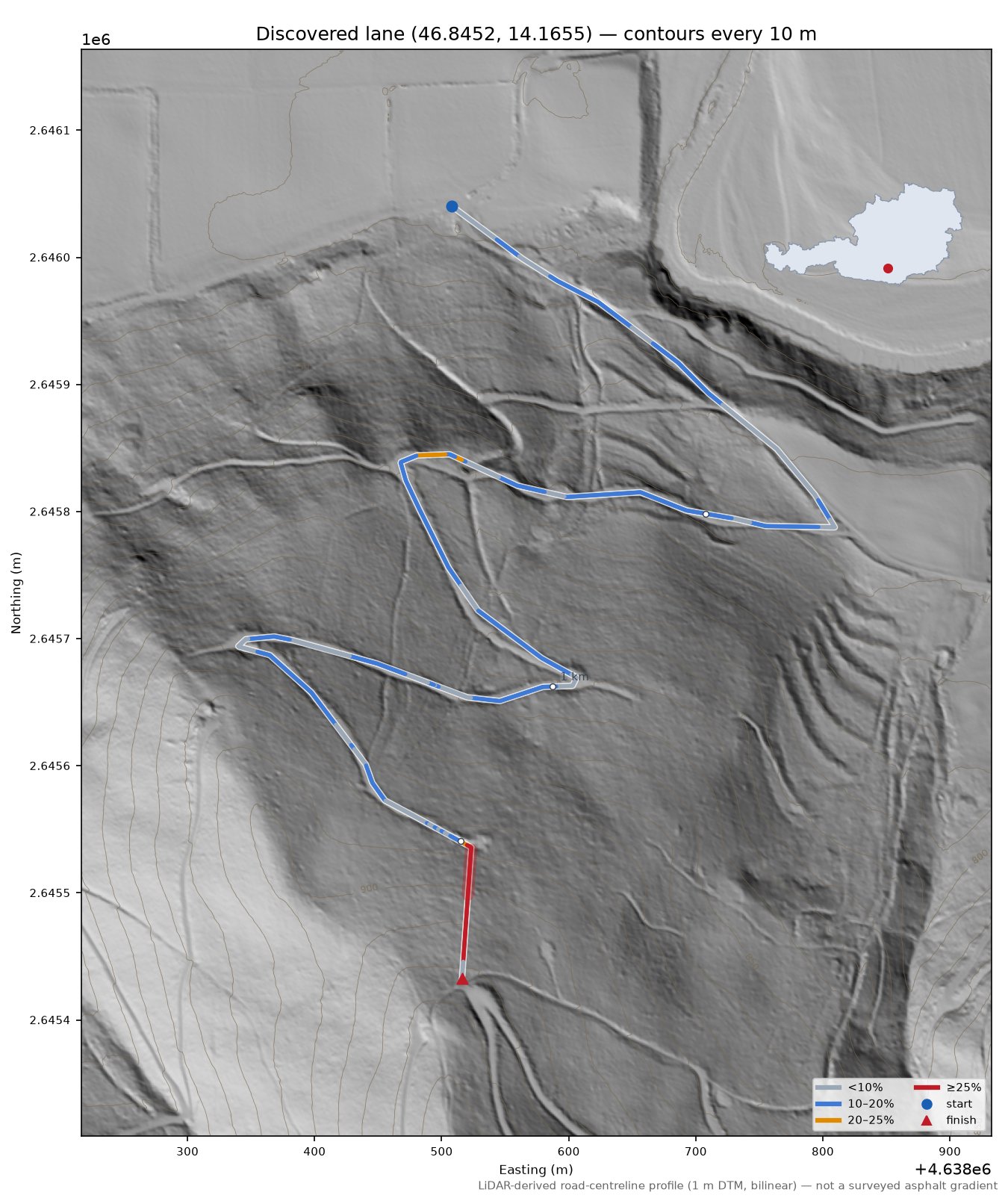 Discovered lane (46.8452, 14.1655) LiDAR hillshade map with contours