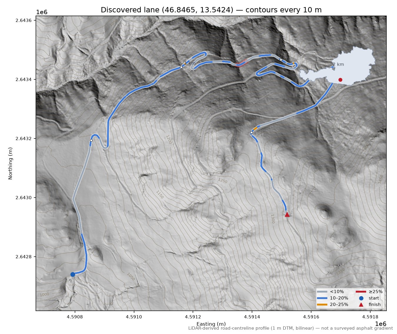 Discovered lane (46.8465, 13.5424) LiDAR hillshade map with contours