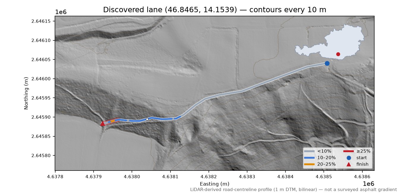 Discovered lane (46.8465, 14.1539) LiDAR hillshade map with contours