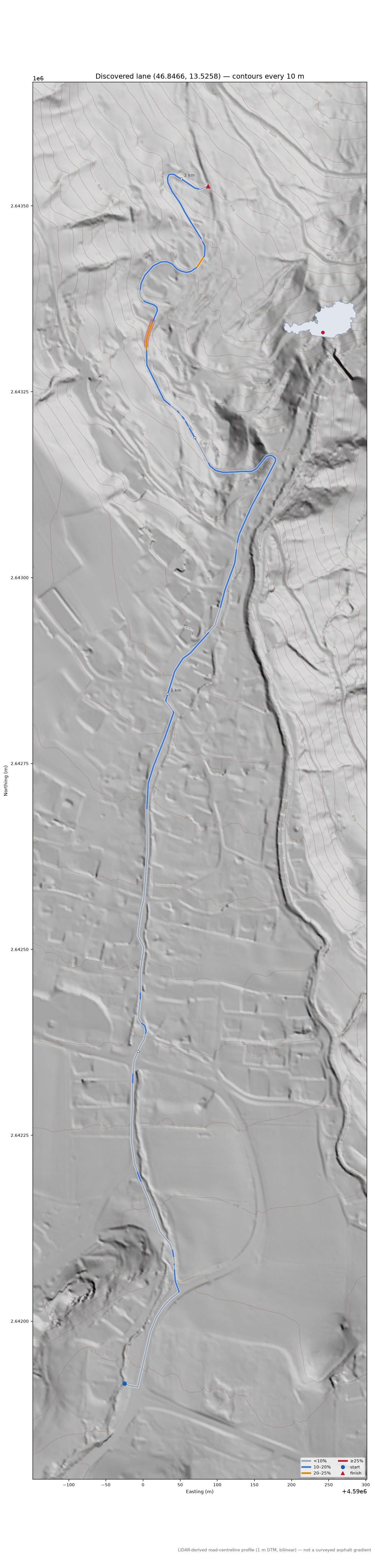 Discovered lane (46.8466, 13.5258) LiDAR hillshade map with contours