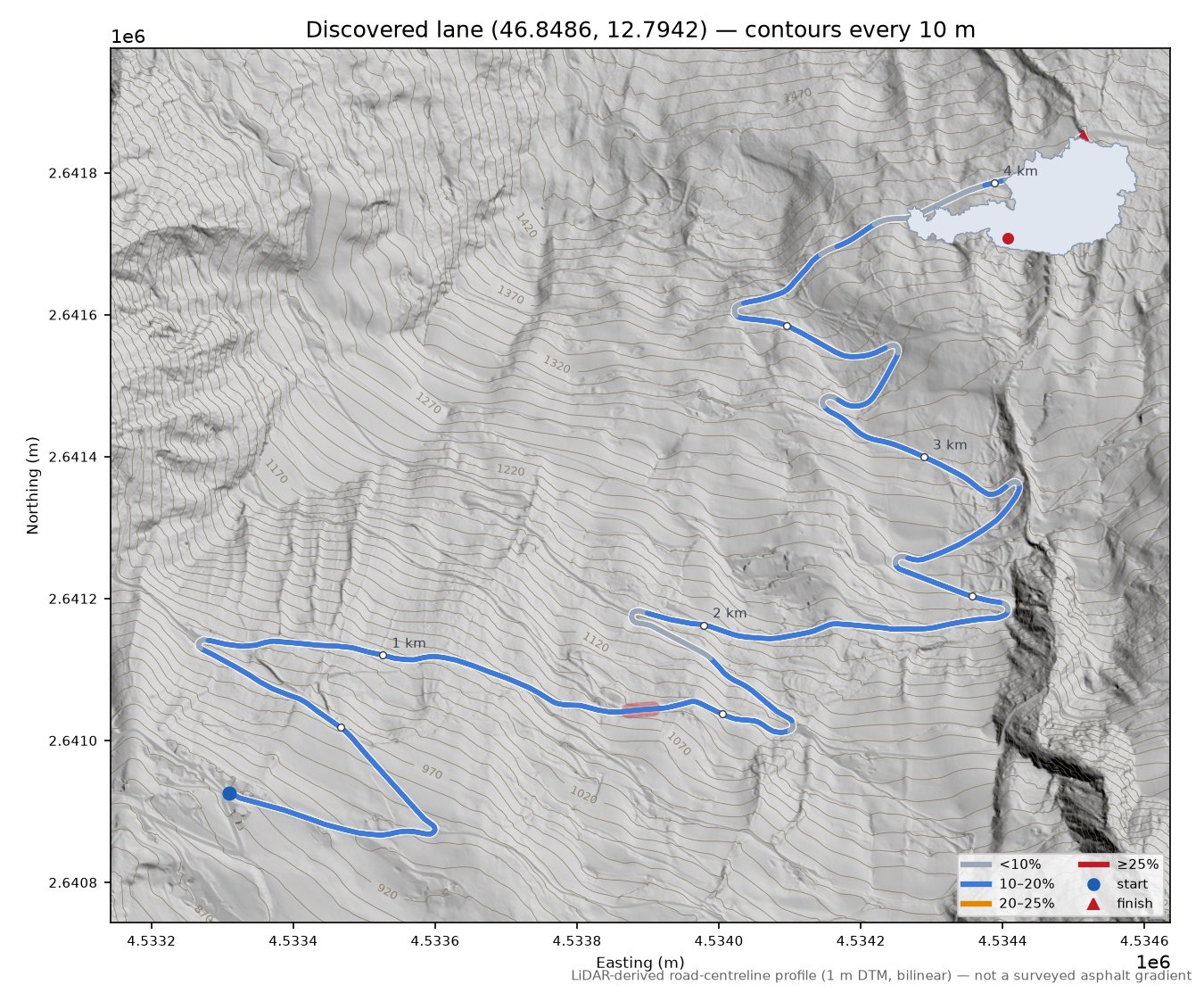Discovered lane (46.8486, 12.7942) LiDAR hillshade map with contours