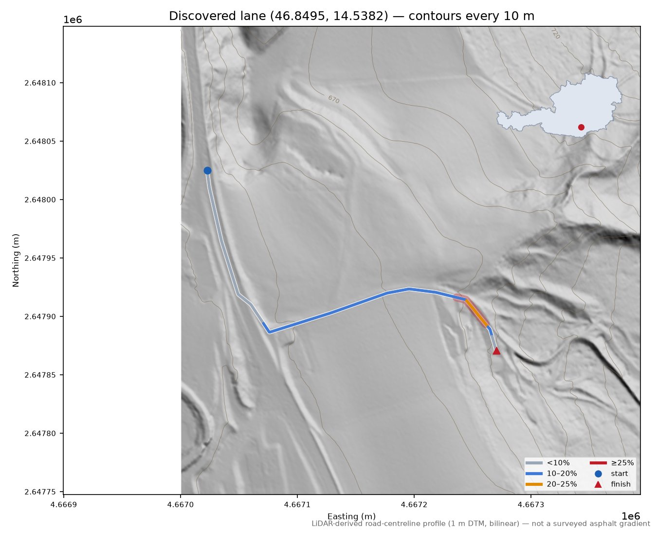 Discovered lane (46.8495, 14.5382) LiDAR hillshade map with contours