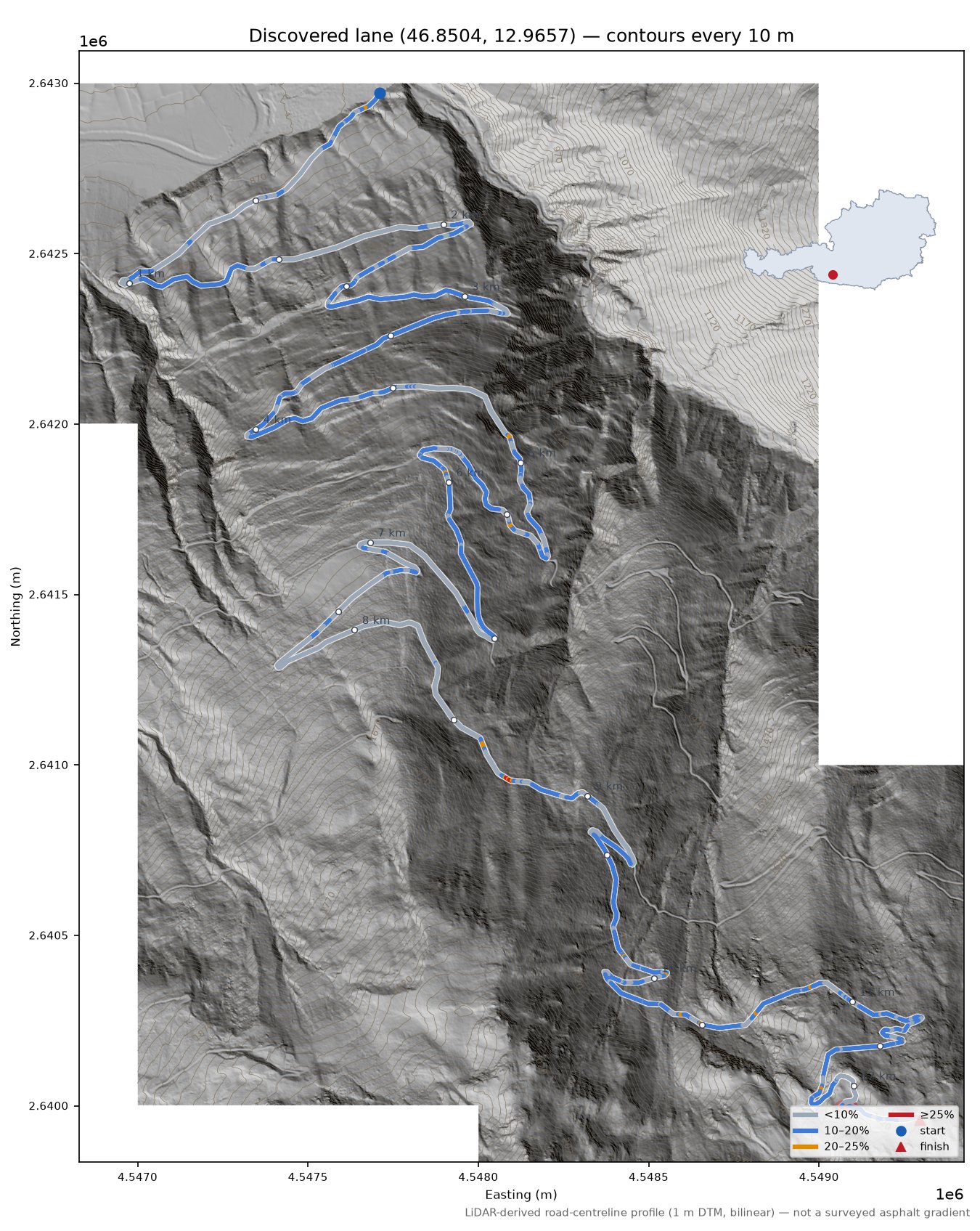 Discovered lane (46.8504, 12.9657) LiDAR hillshade map with contours