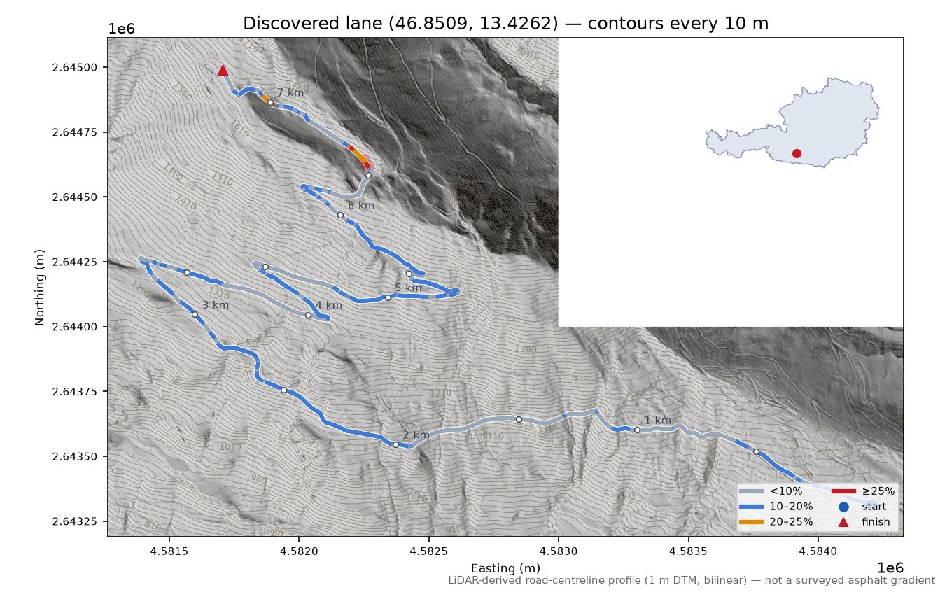 Discovered lane (46.8509, 13.4262) LiDAR hillshade map with contours
