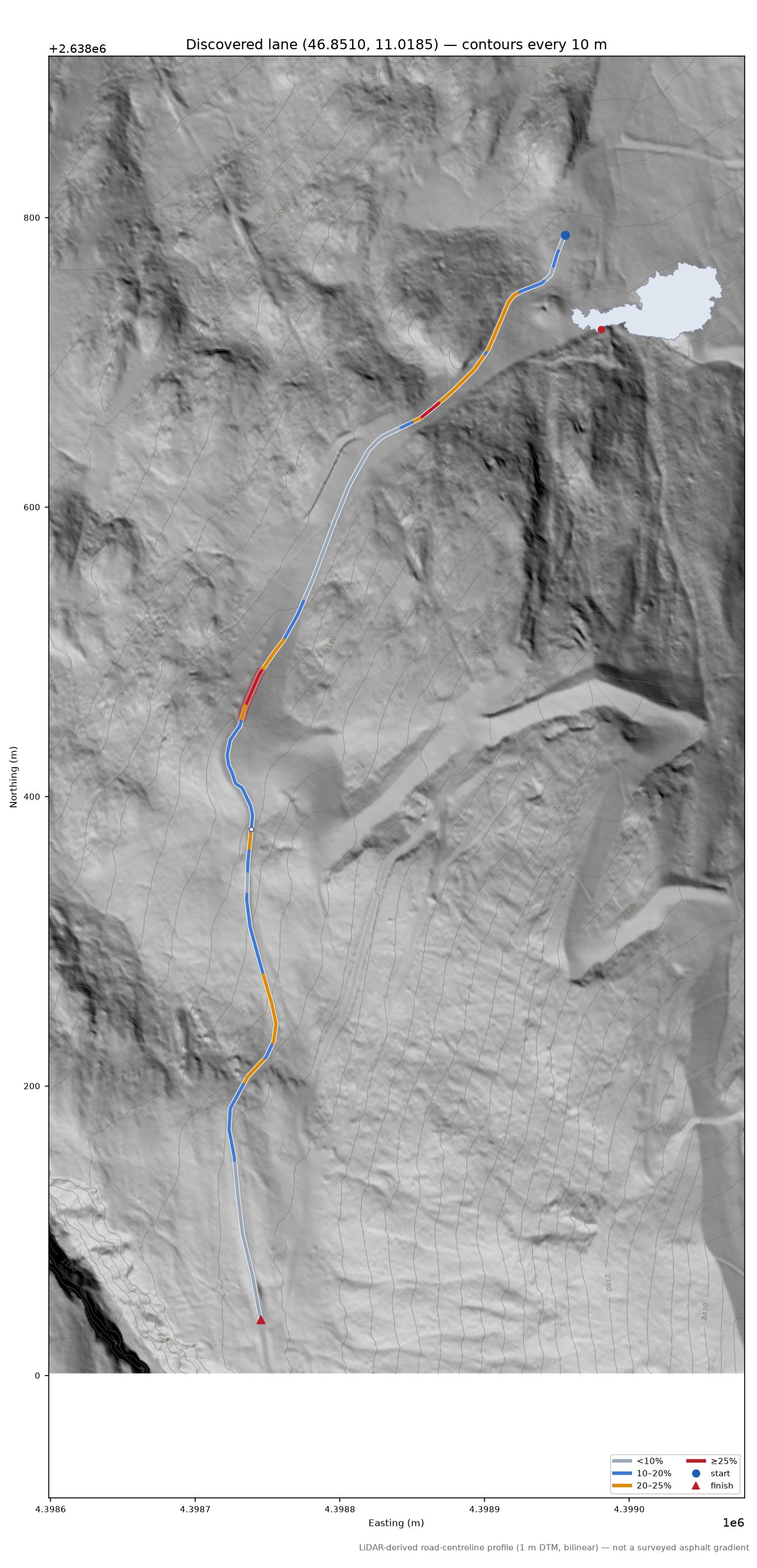 Discovered lane (46.8510, 11.0185) LiDAR hillshade map with contours