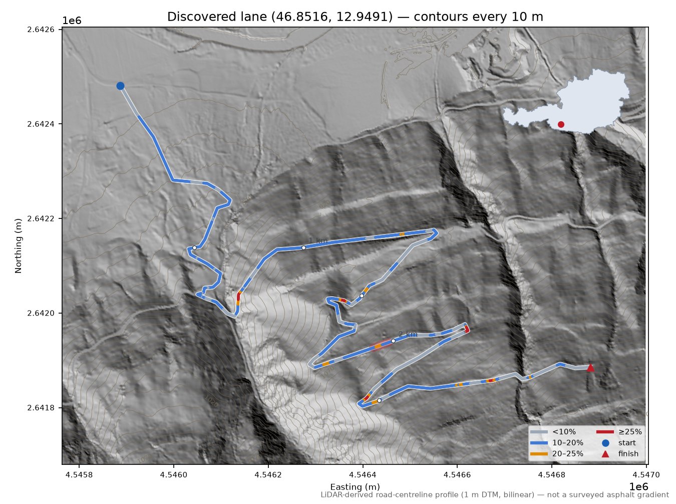 Discovered lane (46.8516, 12.9491) LiDAR hillshade map with contours