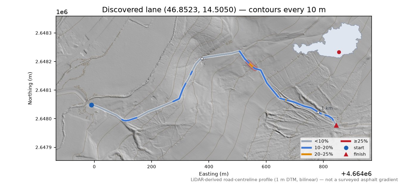 Discovered lane (46.8523, 14.5050) LiDAR hillshade map with contours