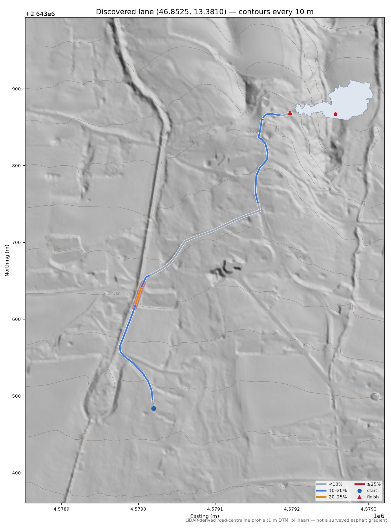 Discovered lane (46.8525, 13.3810) LiDAR hillshade map with contours