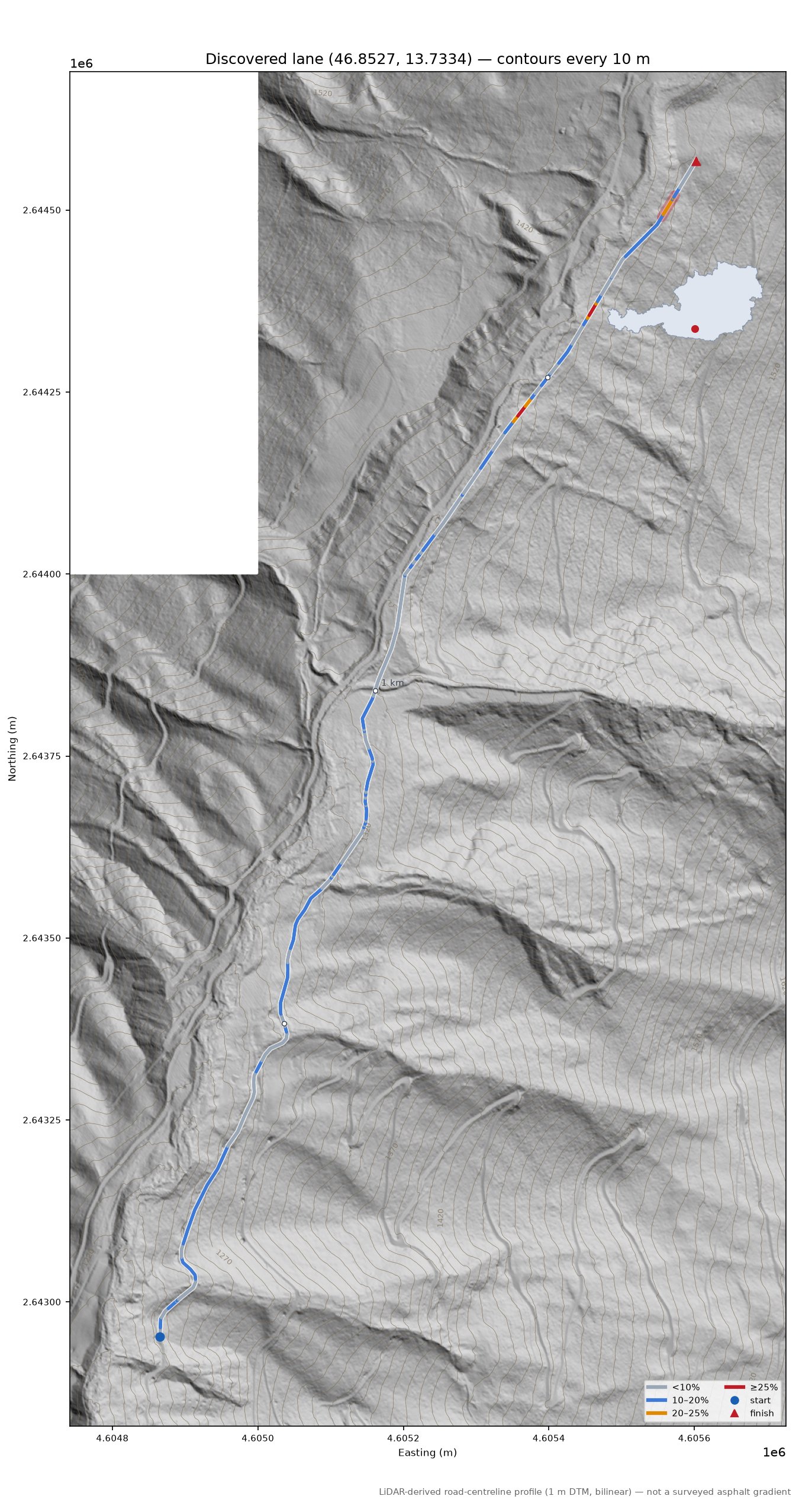 Discovered lane (46.8527, 13.7334) LiDAR hillshade map with contours