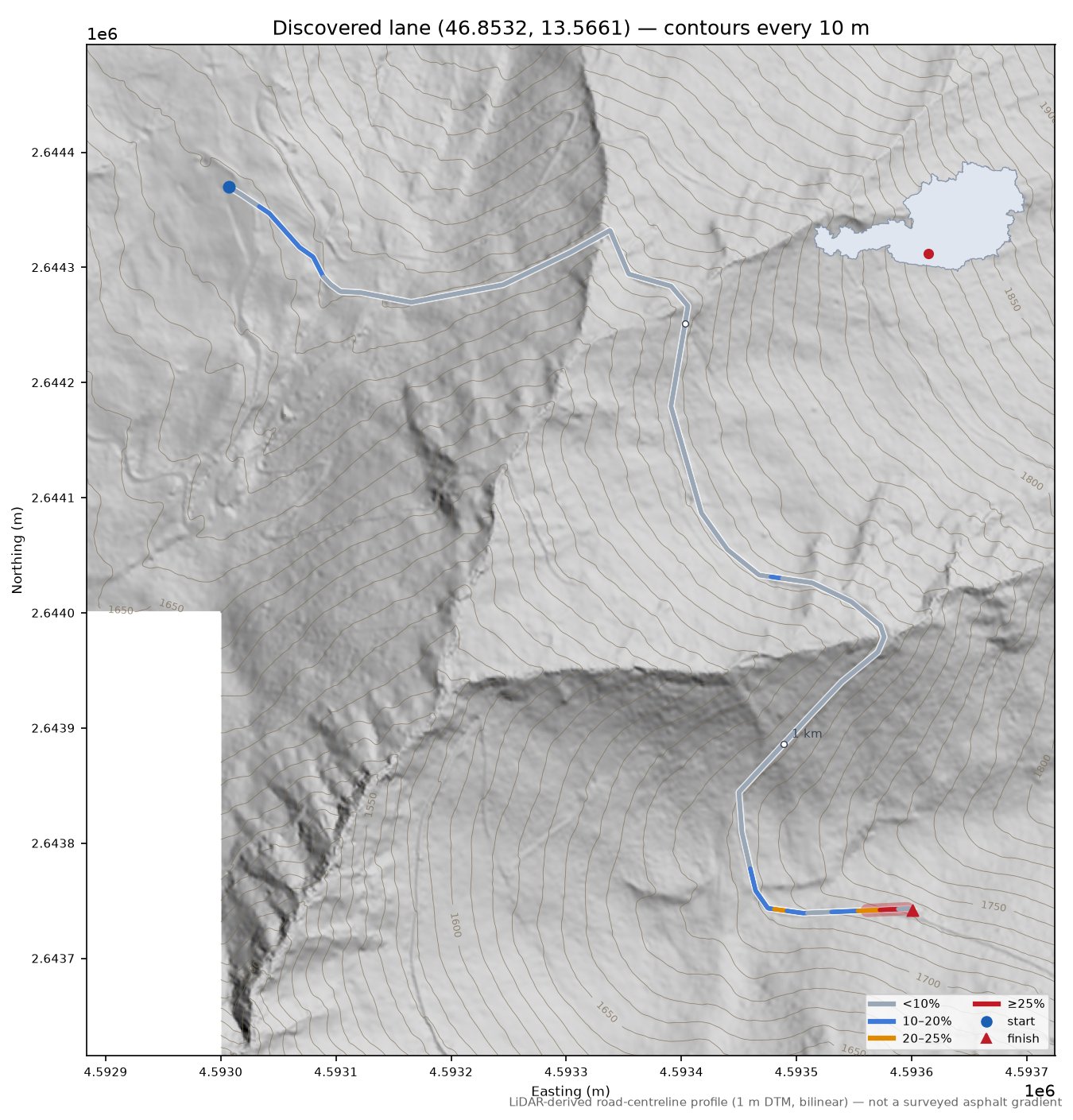 Discovered lane (46.8532, 13.5661) LiDAR hillshade map with contours