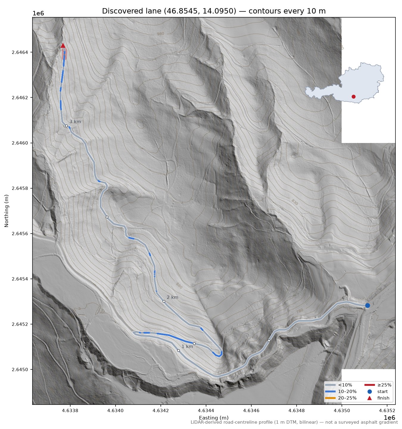 Discovered lane (46.8545, 14.0950) LiDAR hillshade map with contours