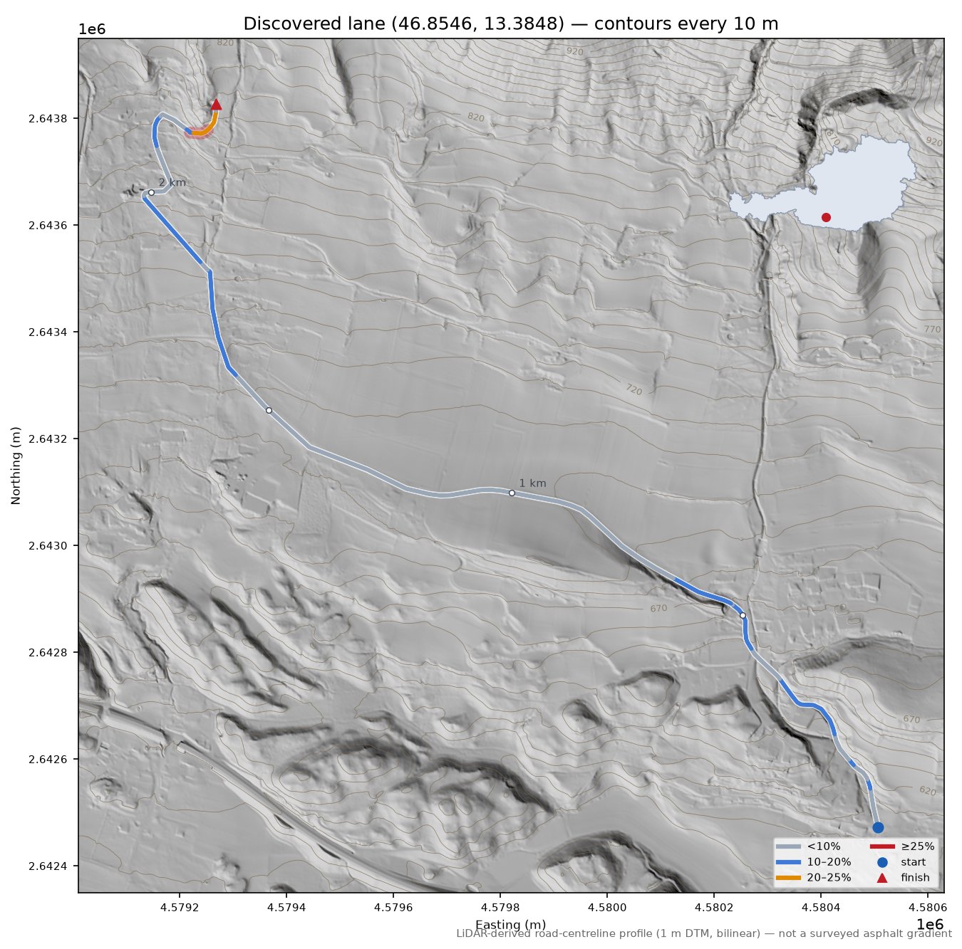 Discovered lane (46.8546, 13.3848) LiDAR hillshade map with contours