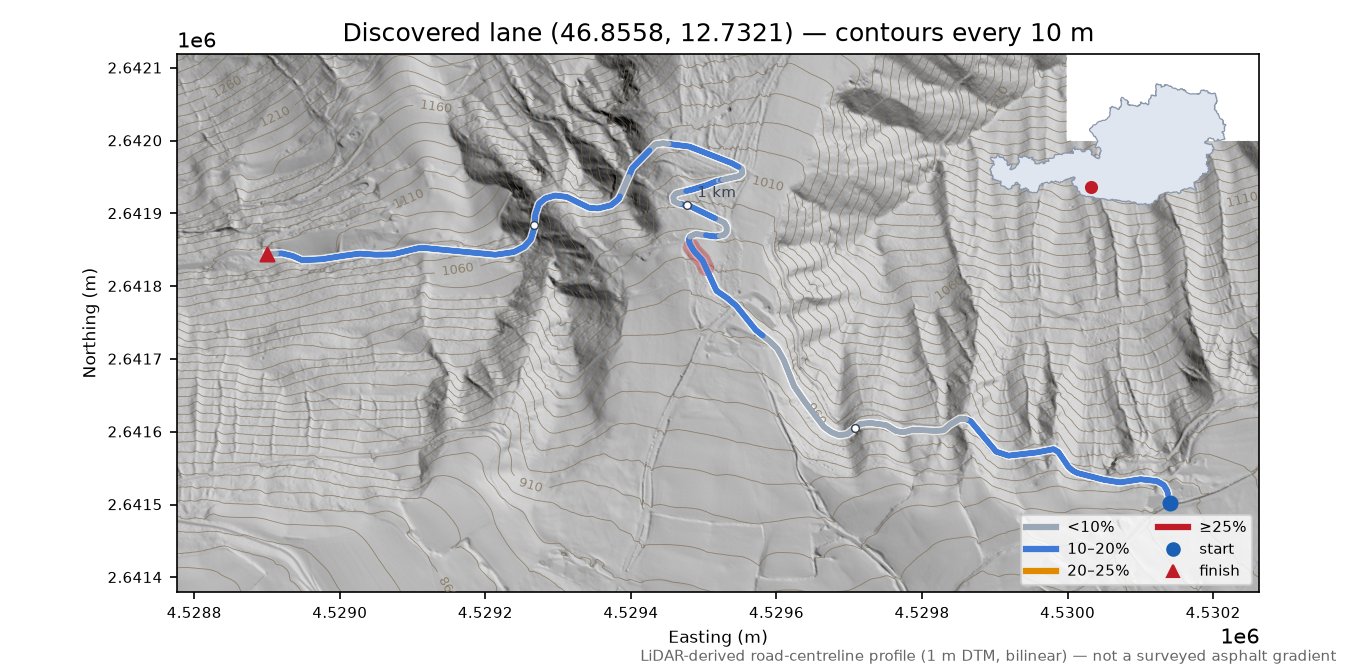 Discovered lane (46.8558, 12.7321) LiDAR hillshade map with contours