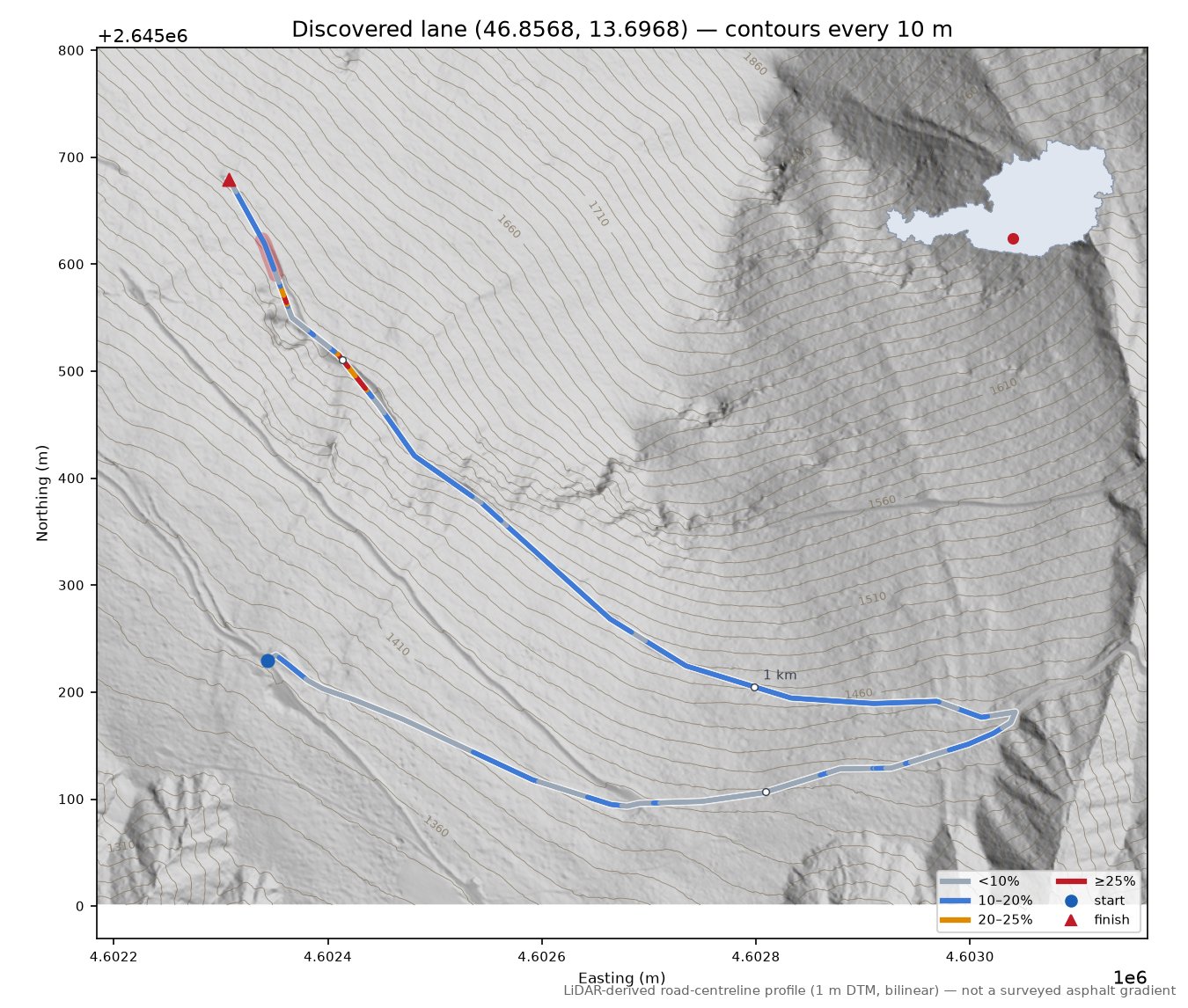 Discovered lane (46.8568, 13.6968) LiDAR hillshade map with contours