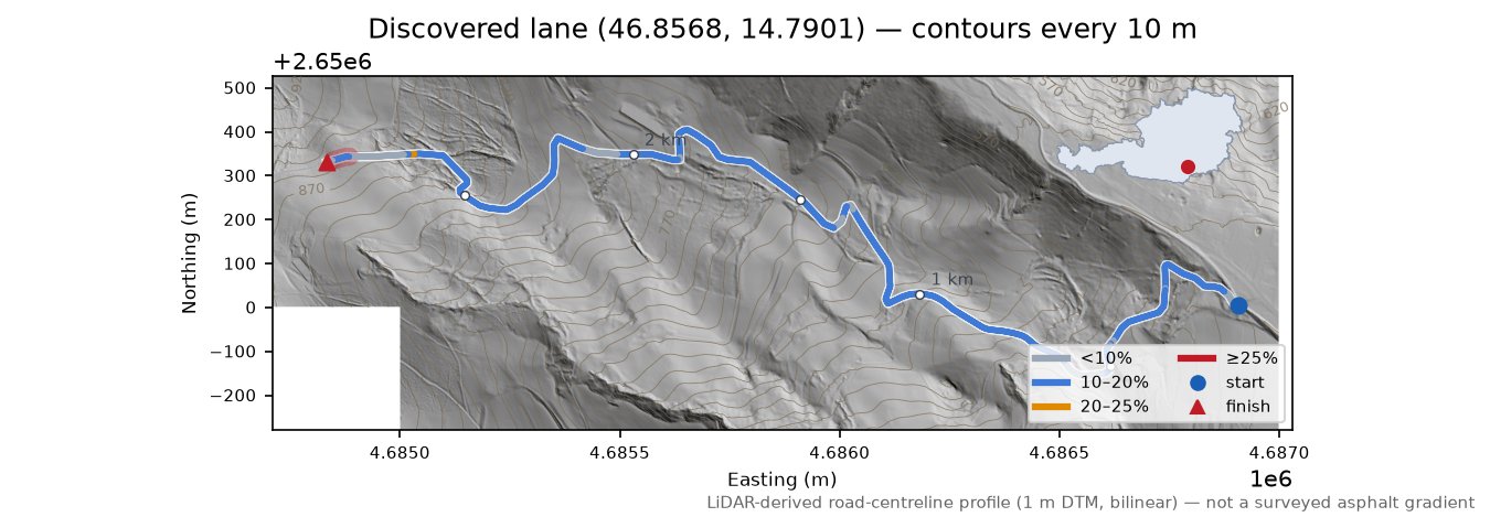Discovered lane (46.8568, 14.7901) LiDAR hillshade map with contours