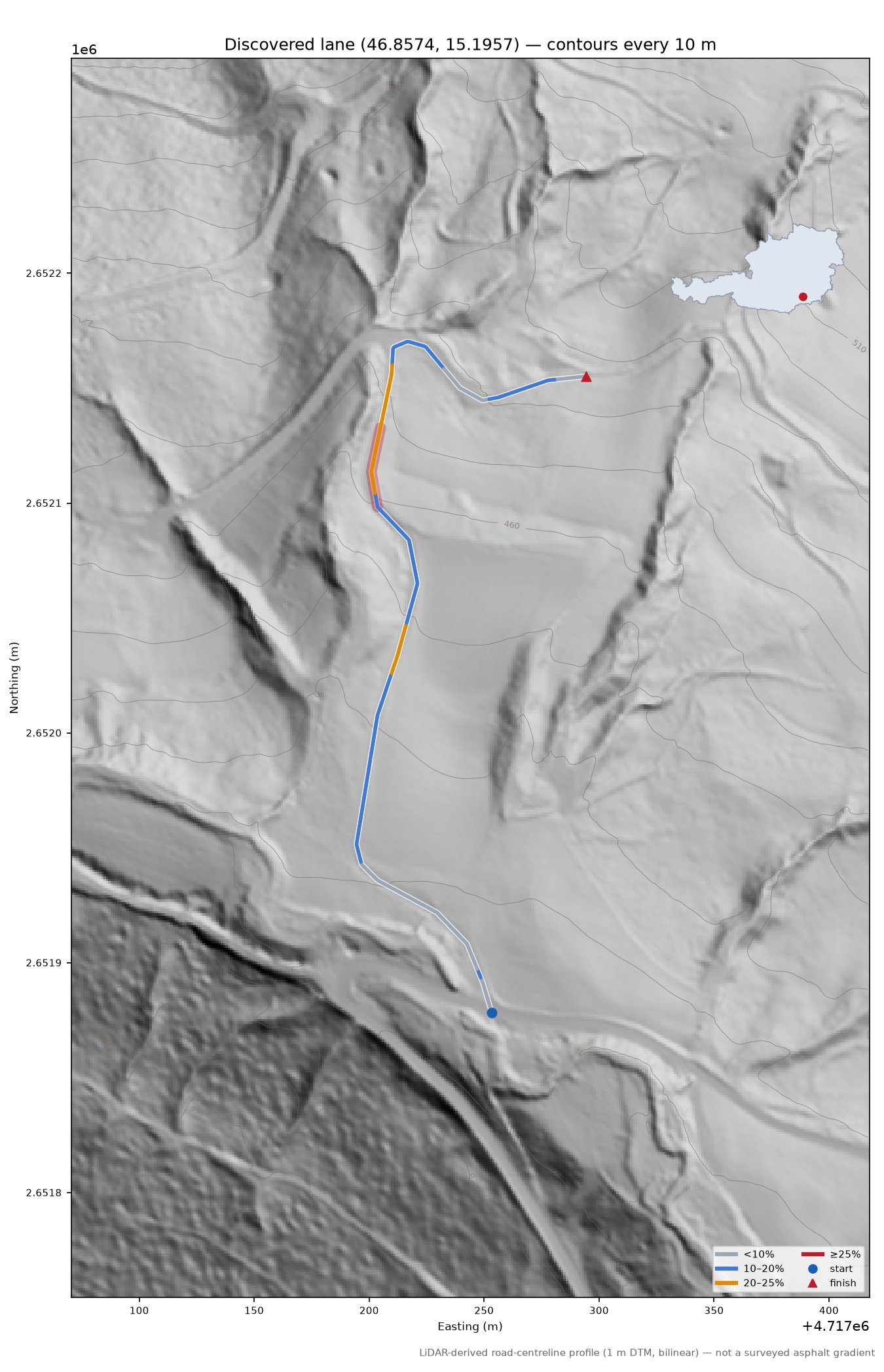 Discovered lane (46.8574, 15.1957) LiDAR hillshade map with contours
