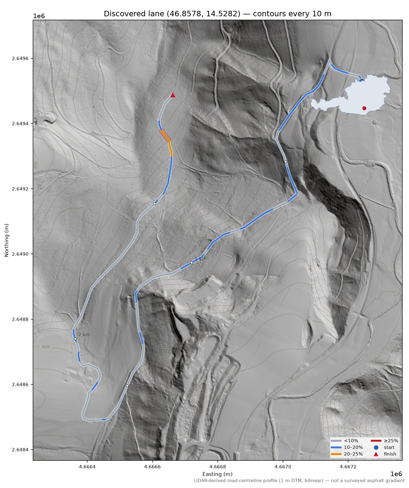 Discovered lane (46.8578, 14.5282) LiDAR hillshade map with contours