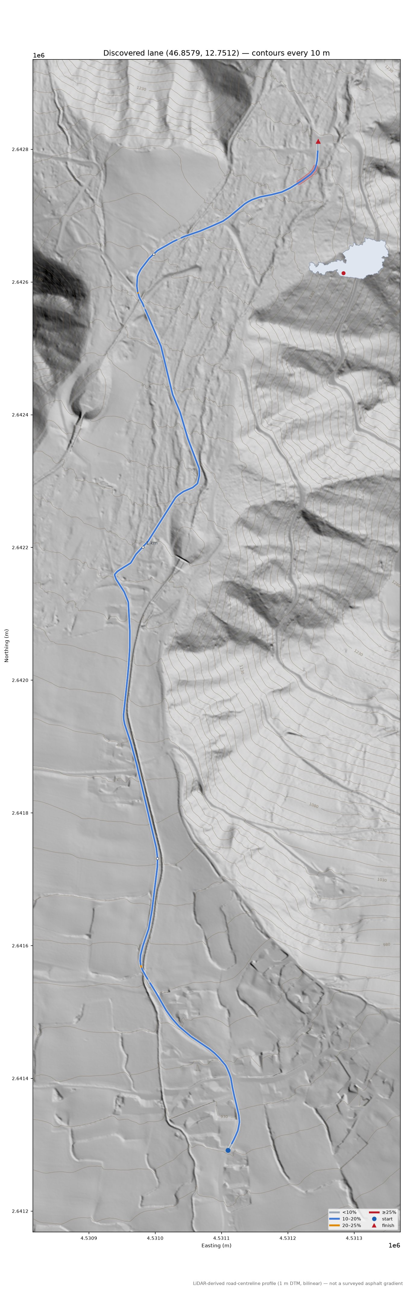 Discovered lane (46.8579, 12.7512) LiDAR hillshade map with contours