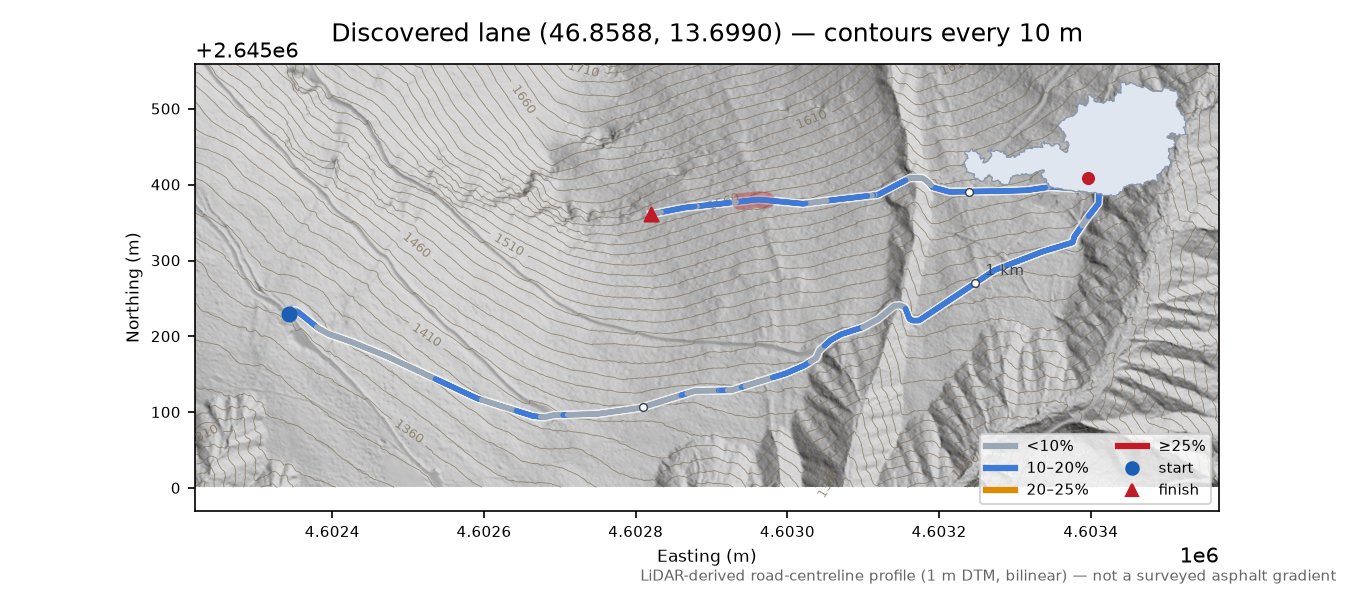 Discovered lane (46.8588, 13.6990) LiDAR hillshade map with contours