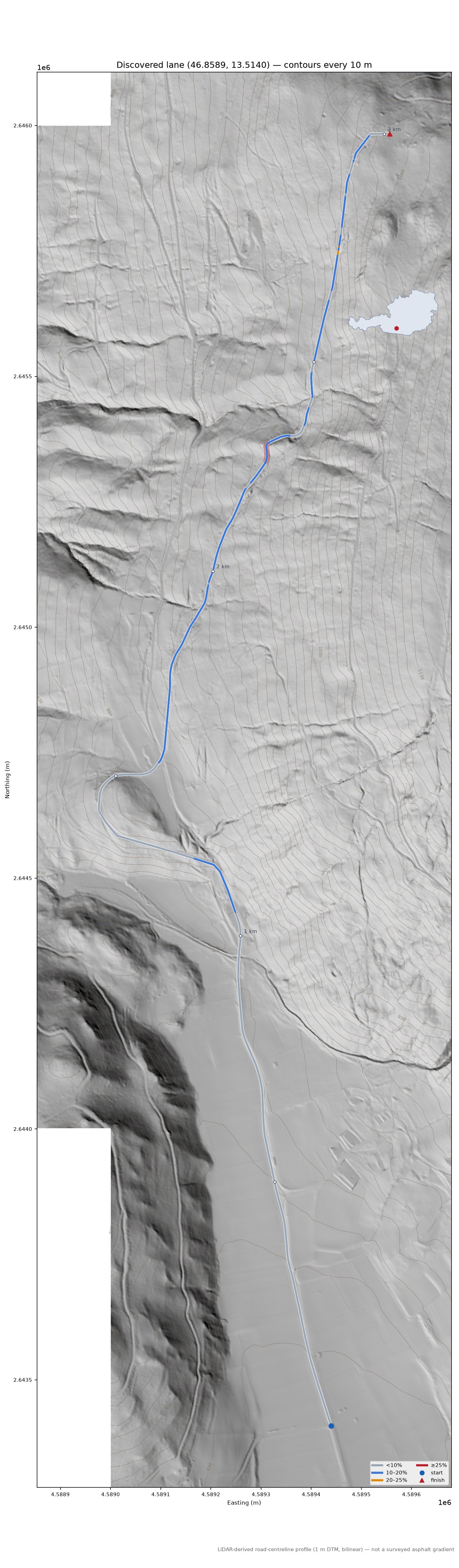Discovered lane (46.8589, 13.5140) LiDAR hillshade map with contours