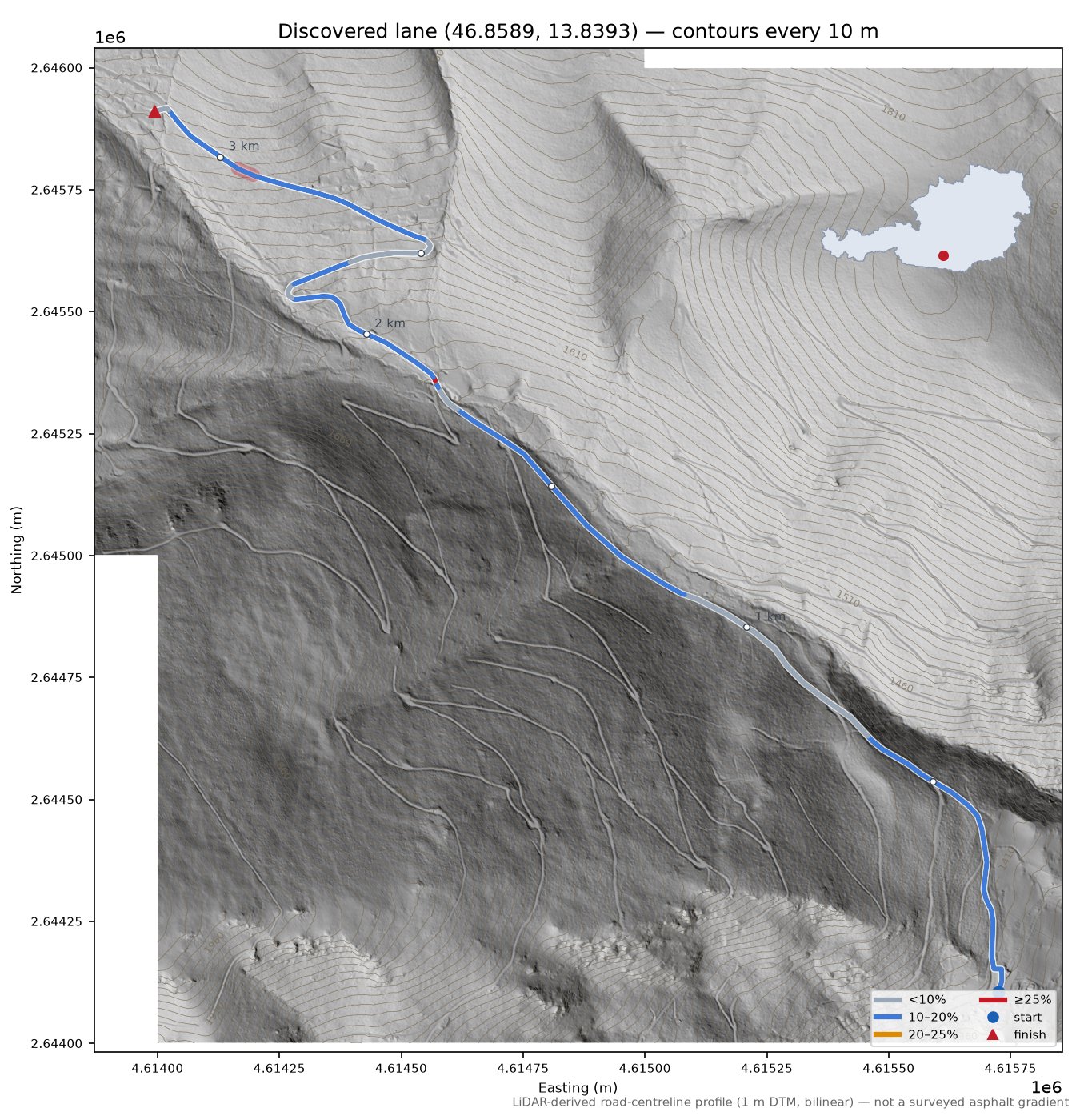 Discovered lane (46.8589, 13.8393) LiDAR hillshade map with contours