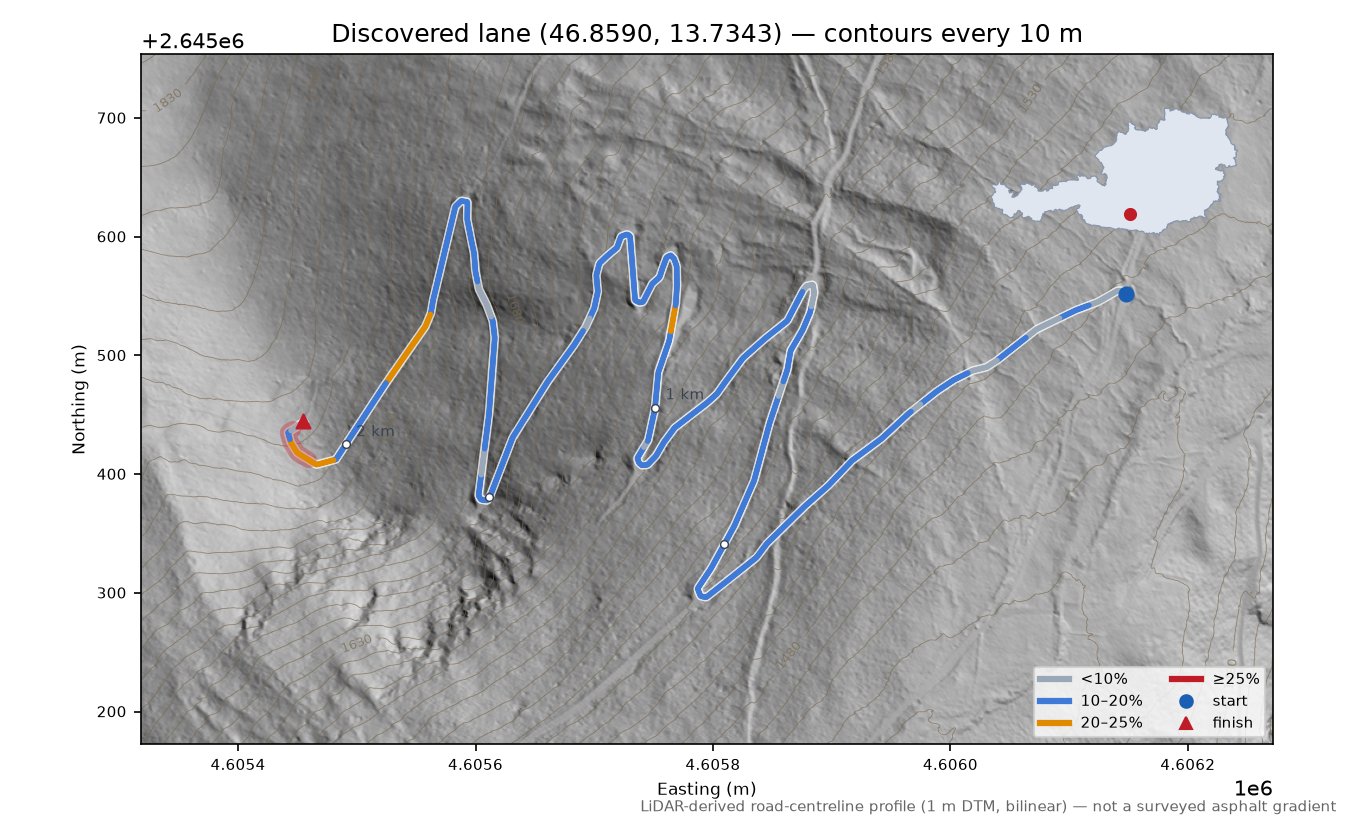 Discovered lane (46.8590, 13.7343) LiDAR hillshade map with contours