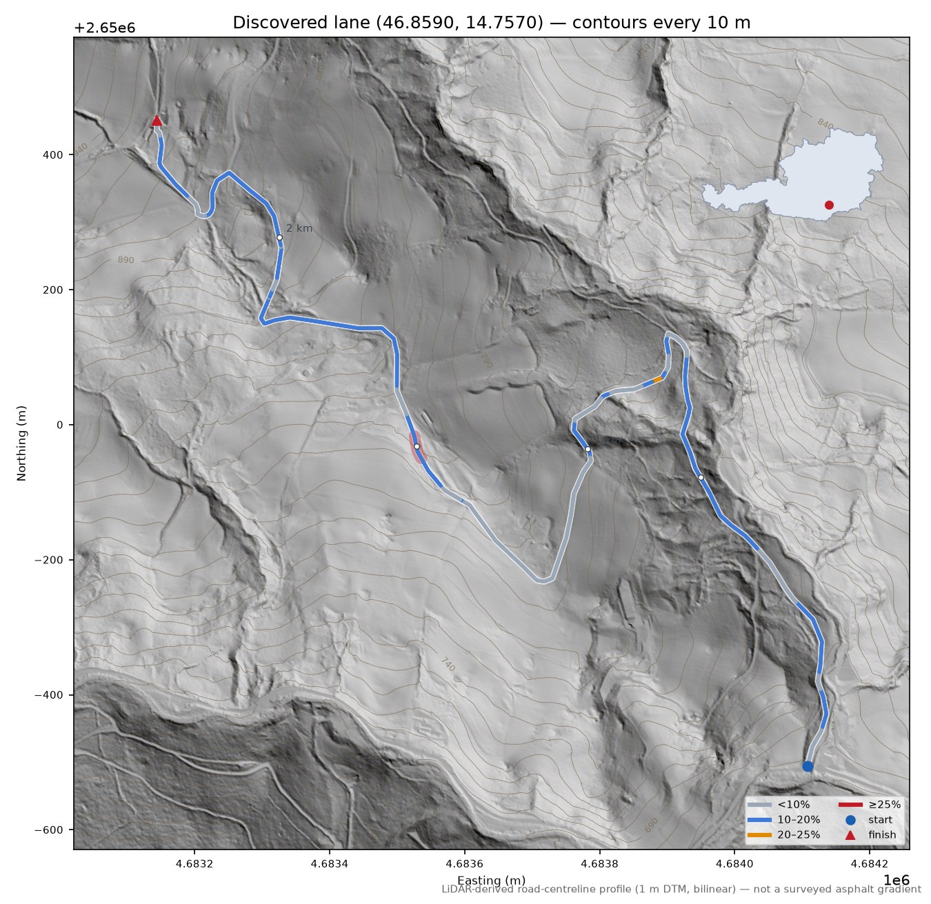 Discovered lane (46.8590, 14.7570) LiDAR hillshade map with contours