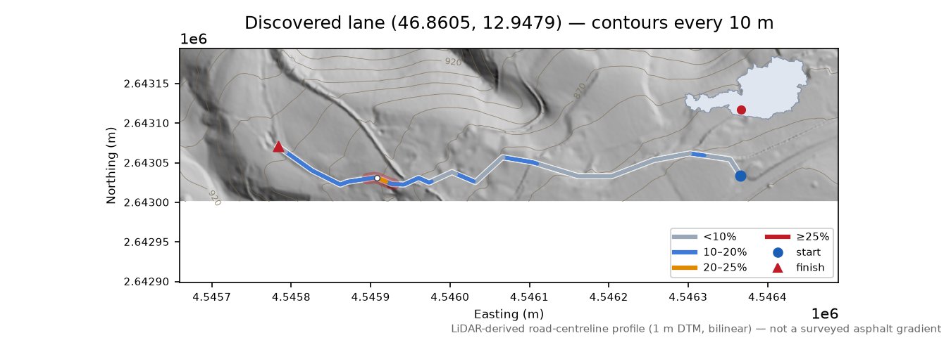 Discovered lane (46.8605, 12.9479) LiDAR hillshade map with contours