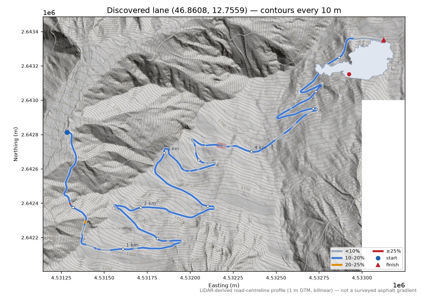 Discovered lane (46.8608, 12.7559) LiDAR hillshade map with contours