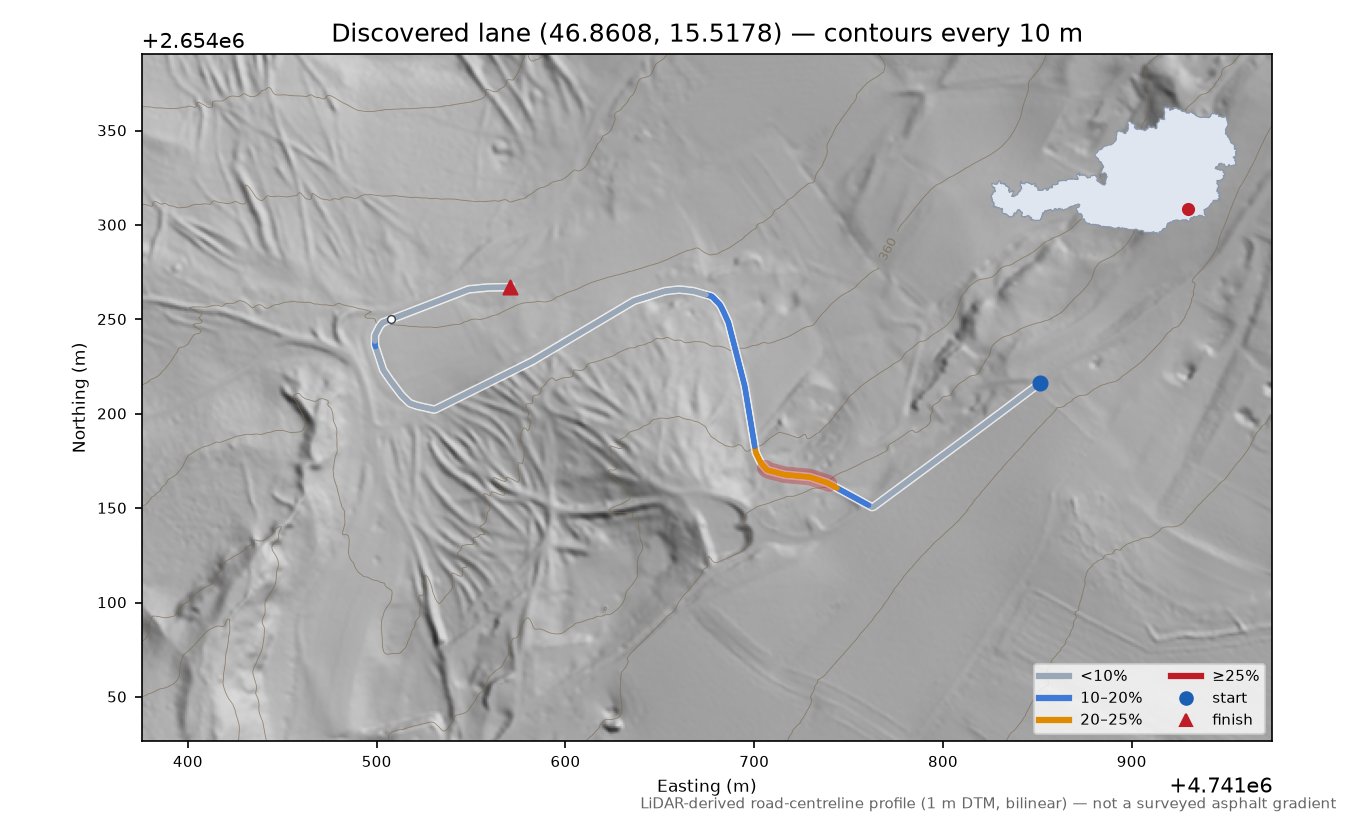 Discovered lane (46.8608, 15.5178) LiDAR hillshade map with contours
