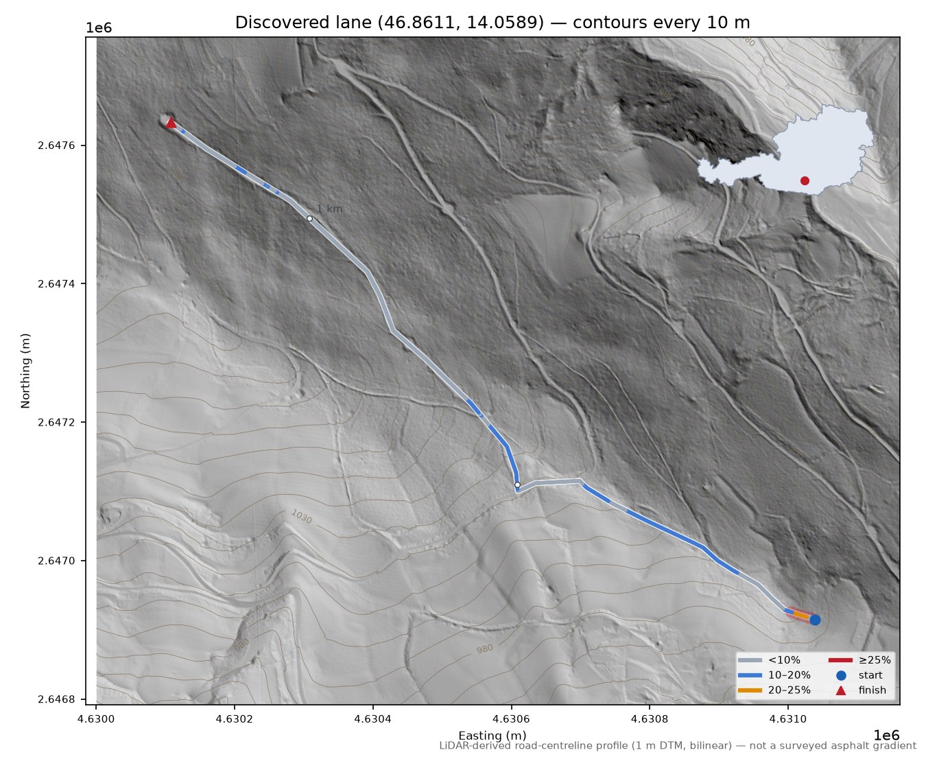 Discovered lane (46.8611, 14.0589) LiDAR hillshade map with contours
