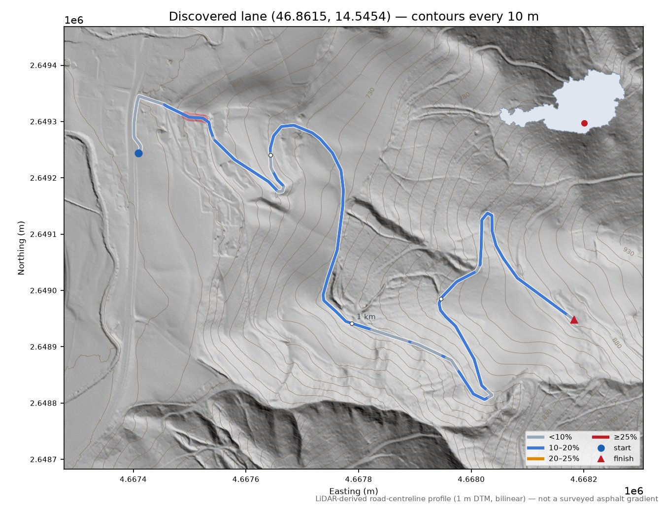 Discovered lane (46.8615, 14.5454) LiDAR hillshade map with contours