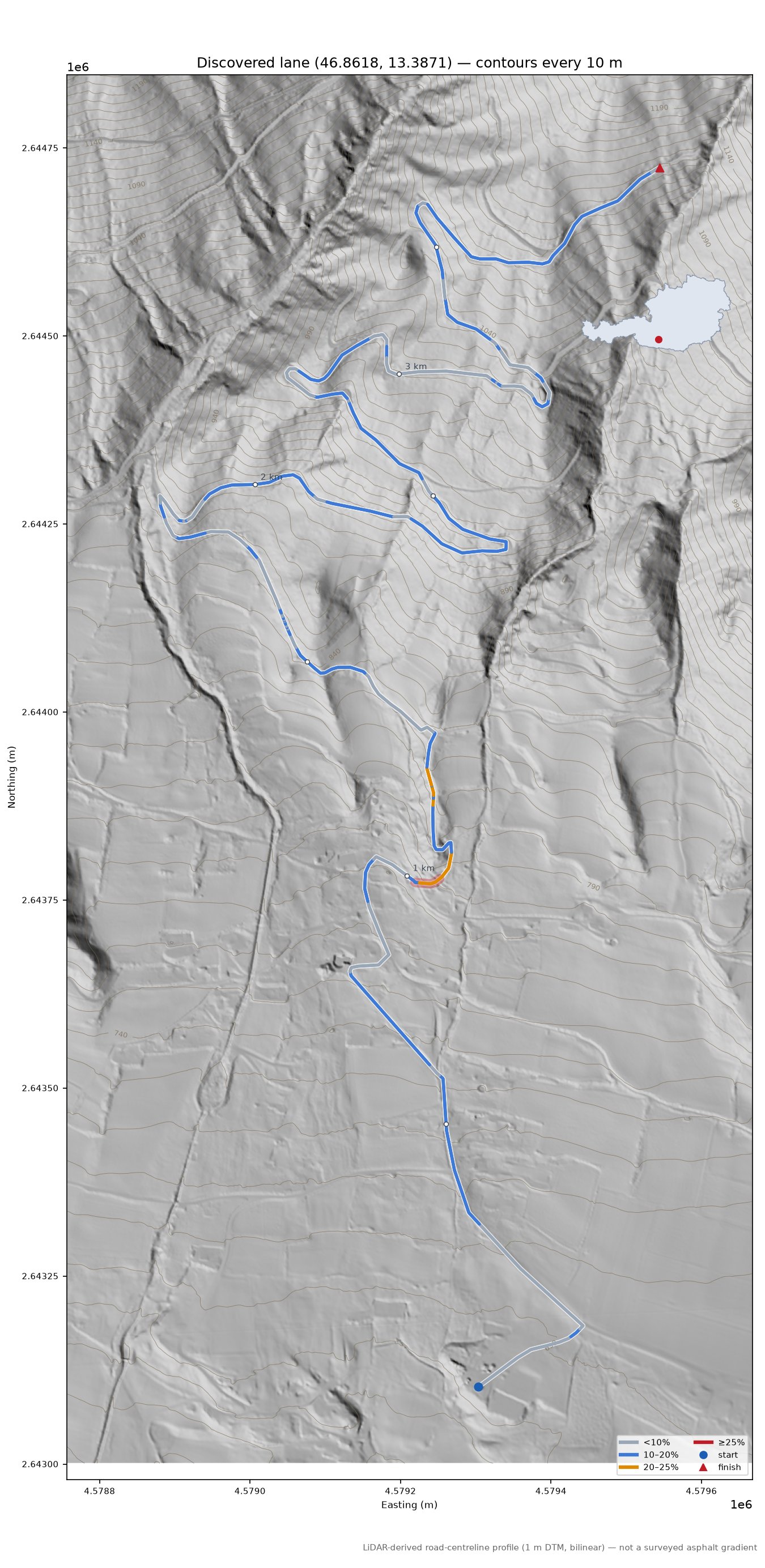 Discovered lane (46.8618, 13.3871) LiDAR hillshade map with contours