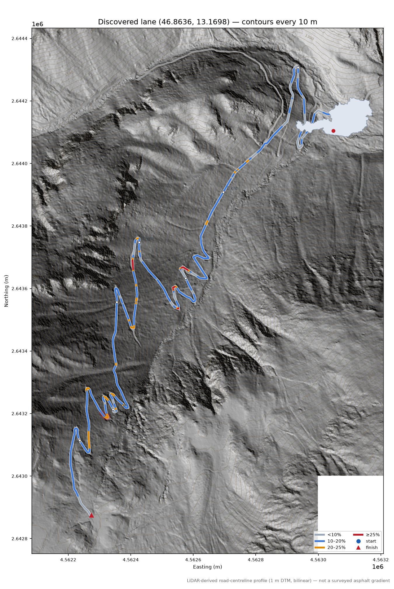 Discovered lane (46.8636, 13.1698) LiDAR hillshade map with contours