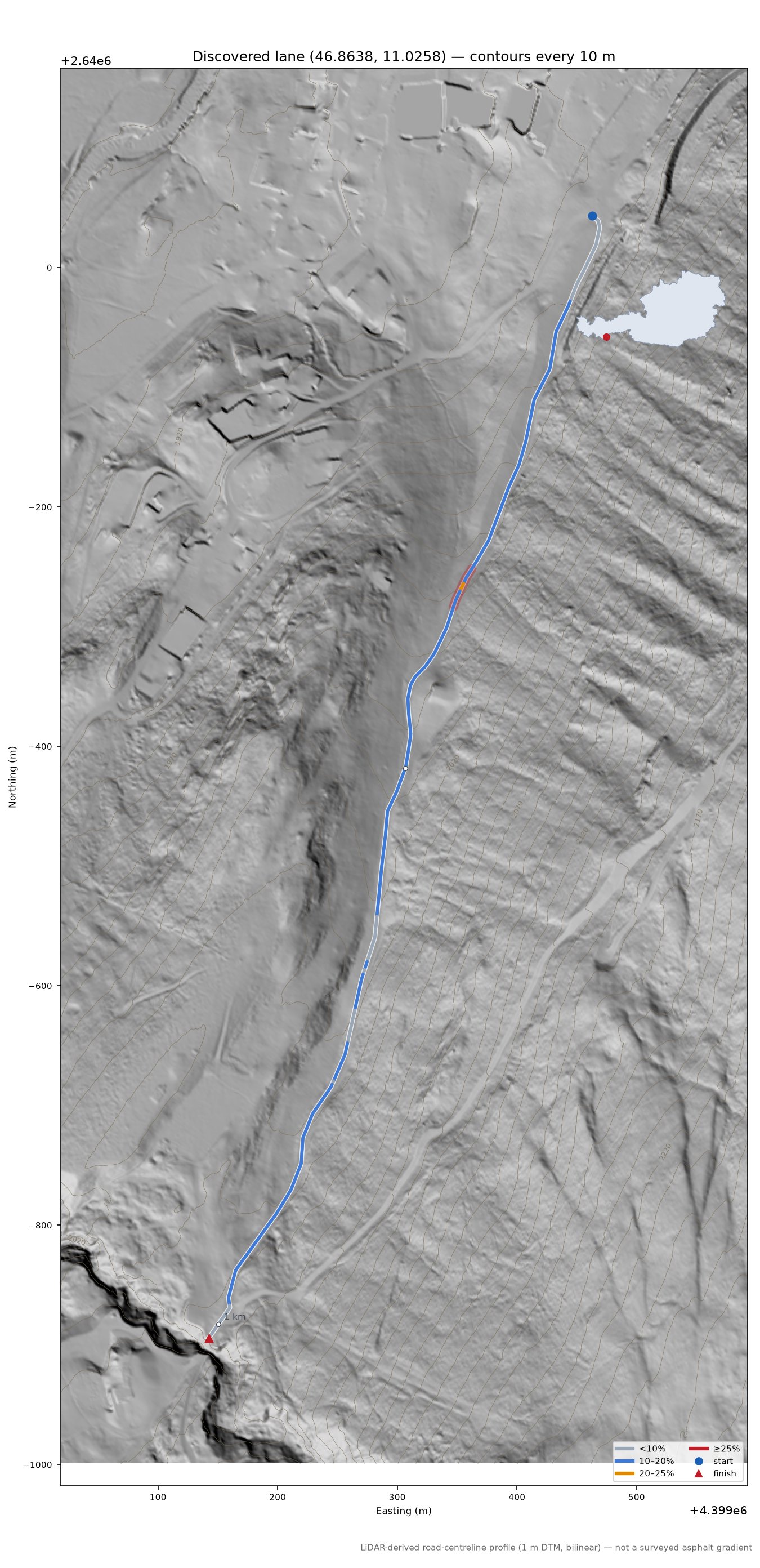 Discovered lane (46.8638, 11.0258) LiDAR hillshade map with contours