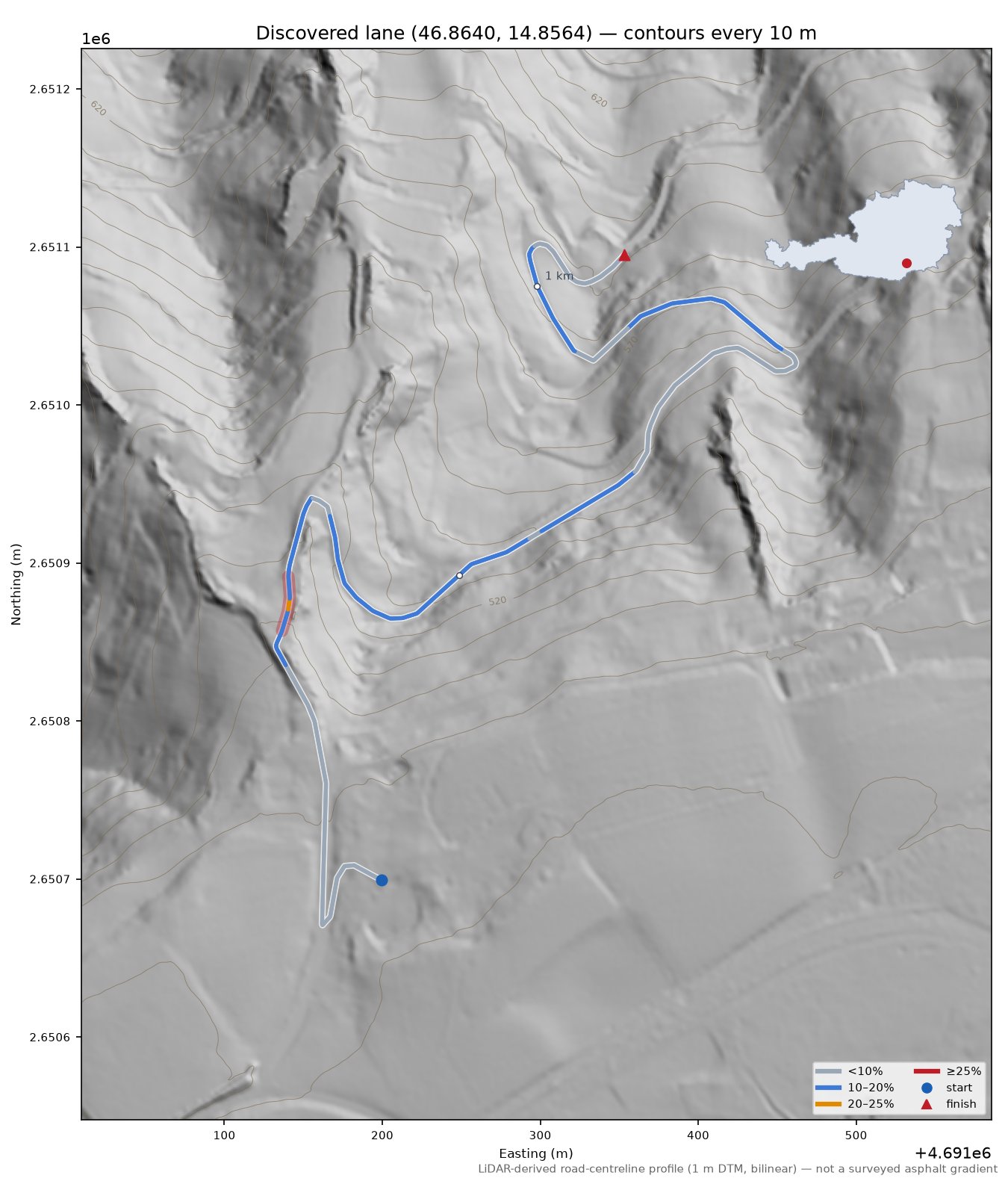 Discovered lane (46.8640, 14.8564) LiDAR hillshade map with contours