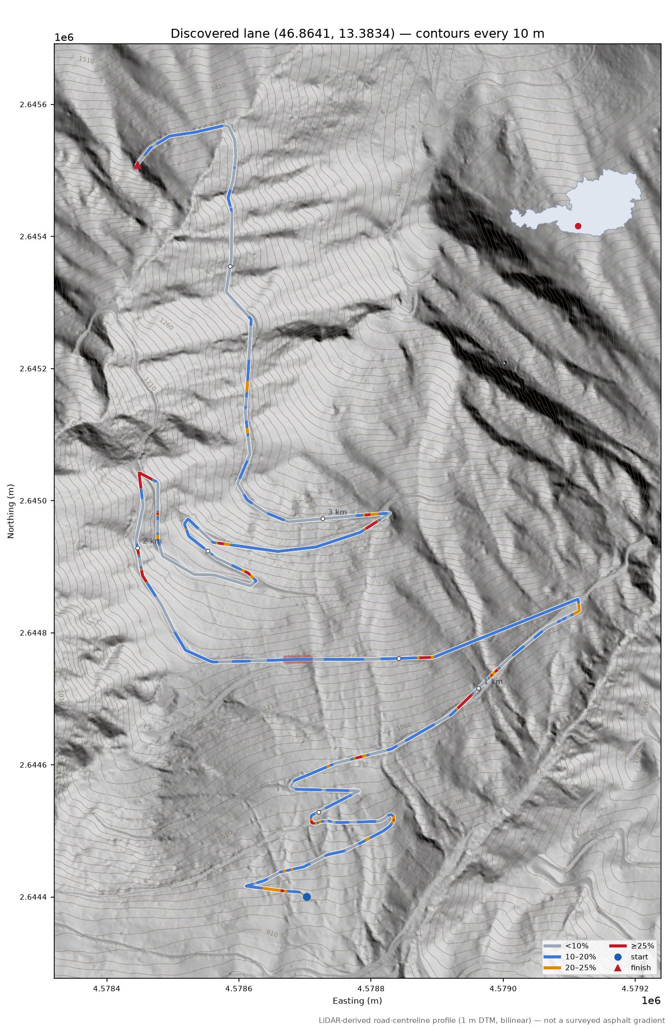 Discovered lane (46.8641, 13.3834) LiDAR hillshade map with contours