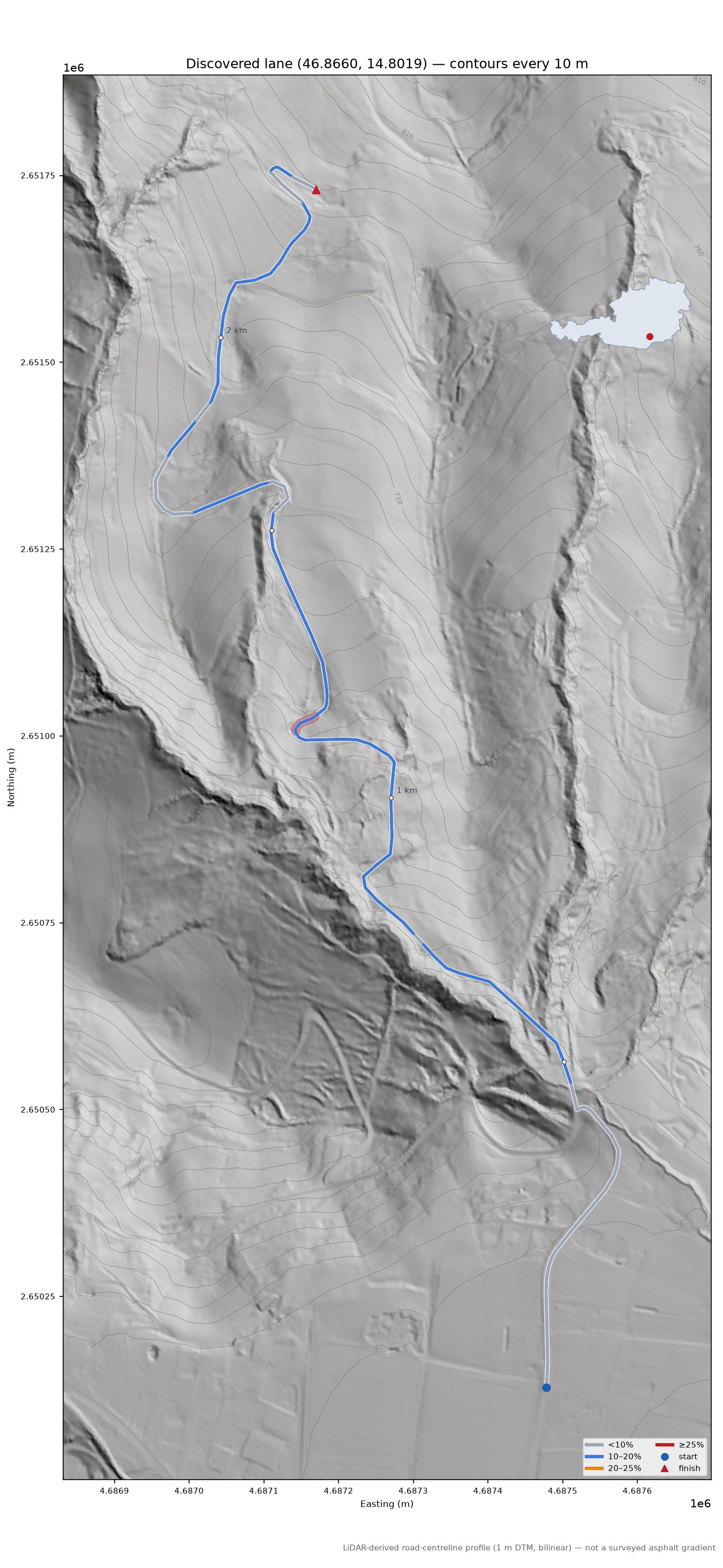 Discovered lane (46.8660, 14.8019) LiDAR hillshade map with contours