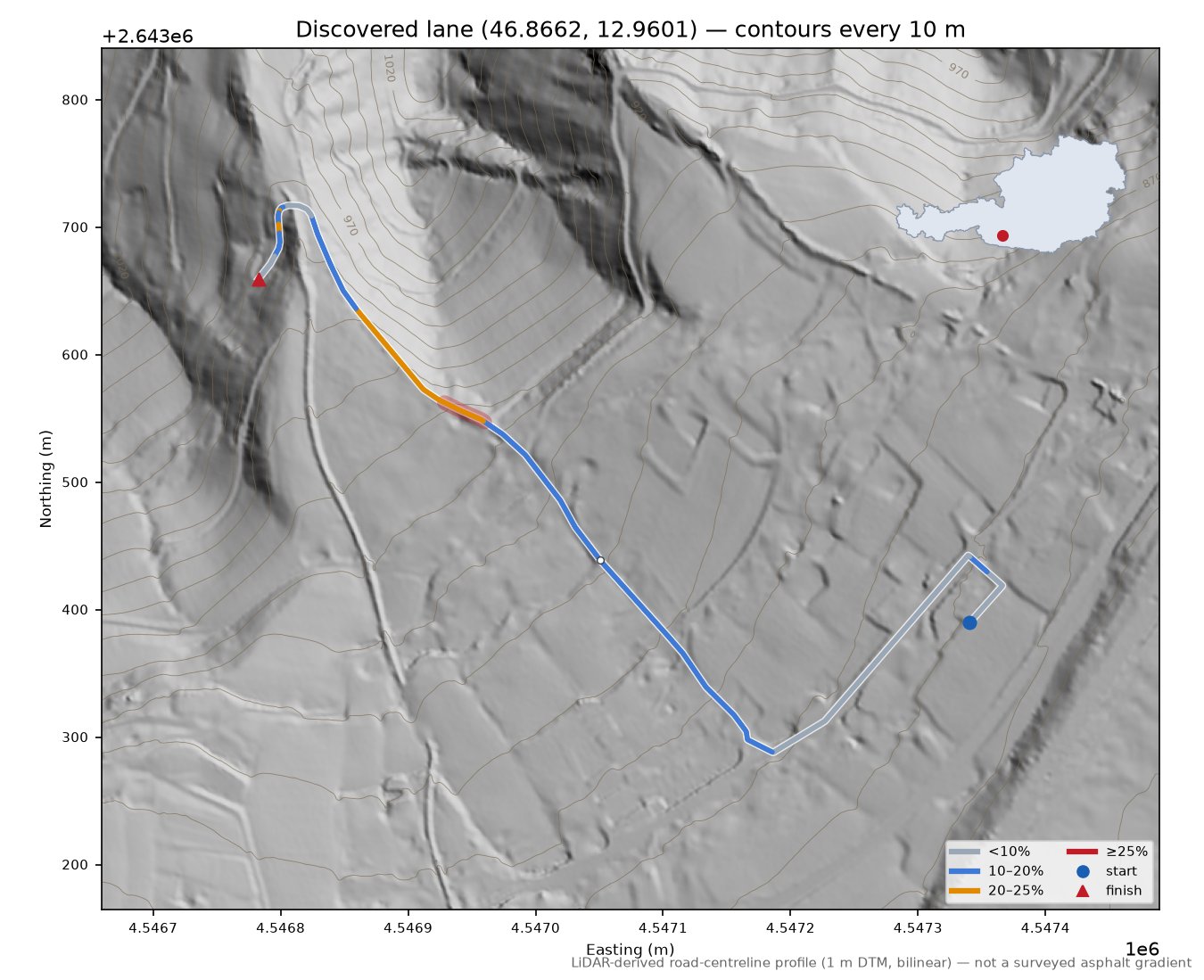 Discovered lane (46.8662, 12.9601) LiDAR hillshade map with contours