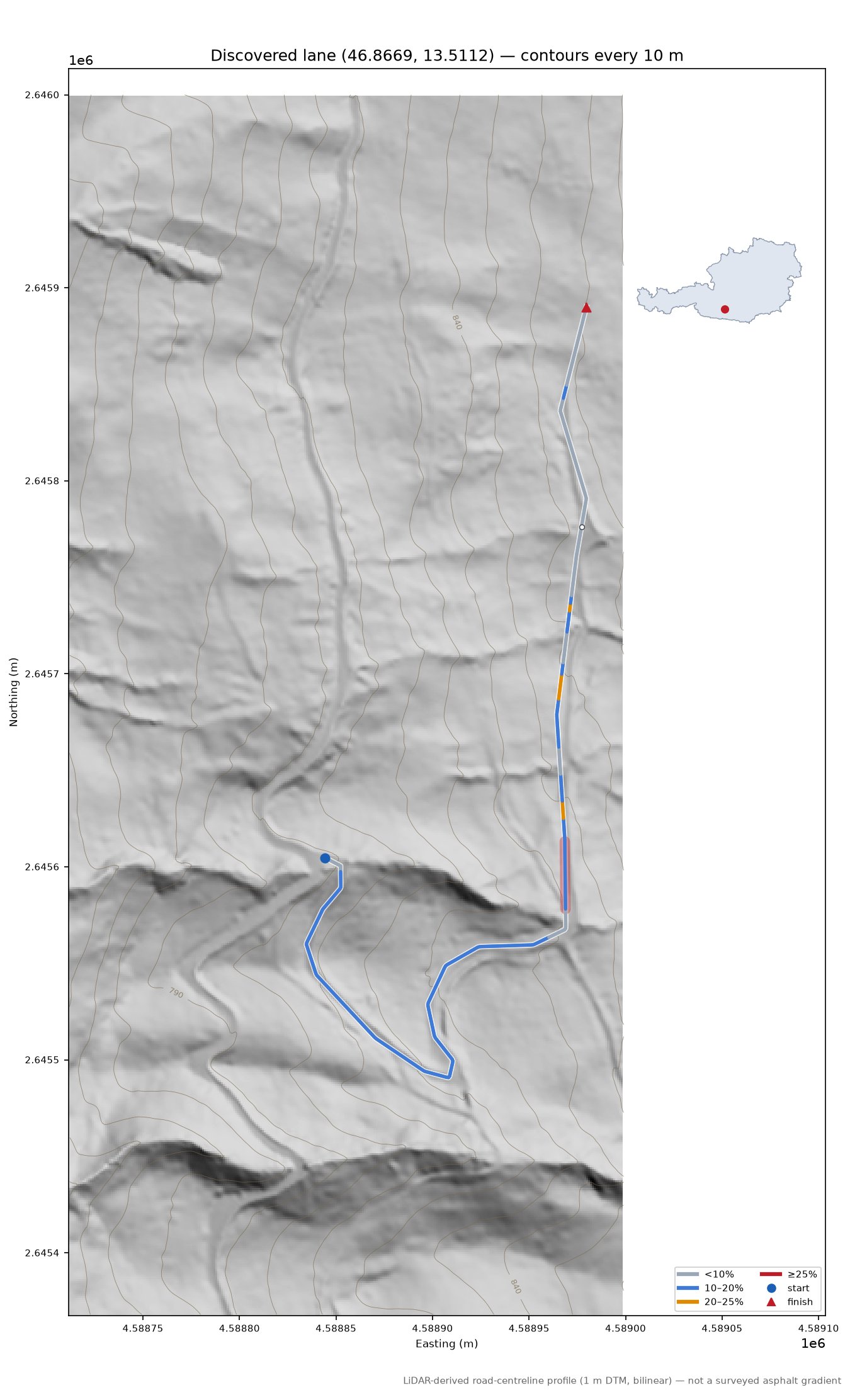 Discovered lane (46.8669, 13.5112) LiDAR hillshade map with contours